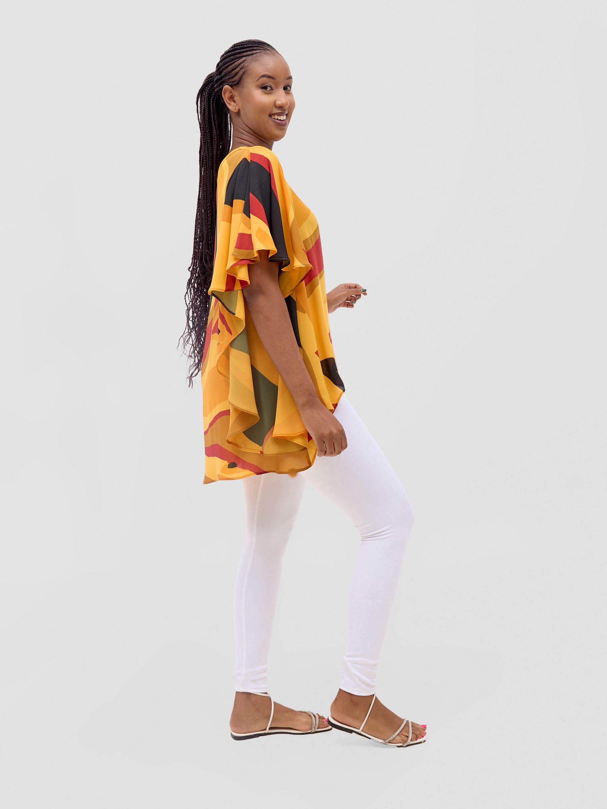 Vivo Kelemi Ruffle Sleeve Top - Mustard / Burgundy Lana Print