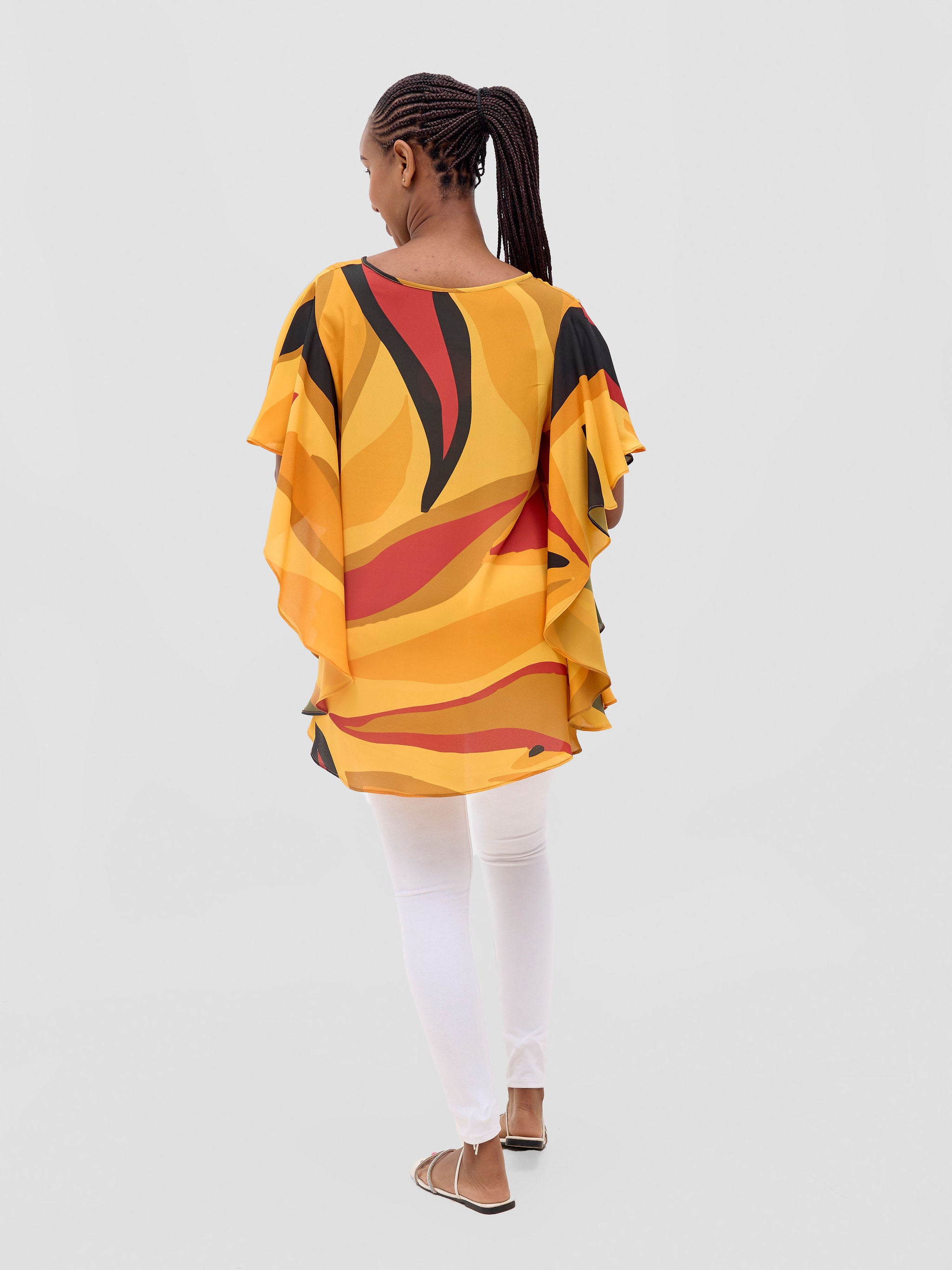 Vivo Kelemi Ruffle Sleeve Top - Mustard / Burgundy Lana Print