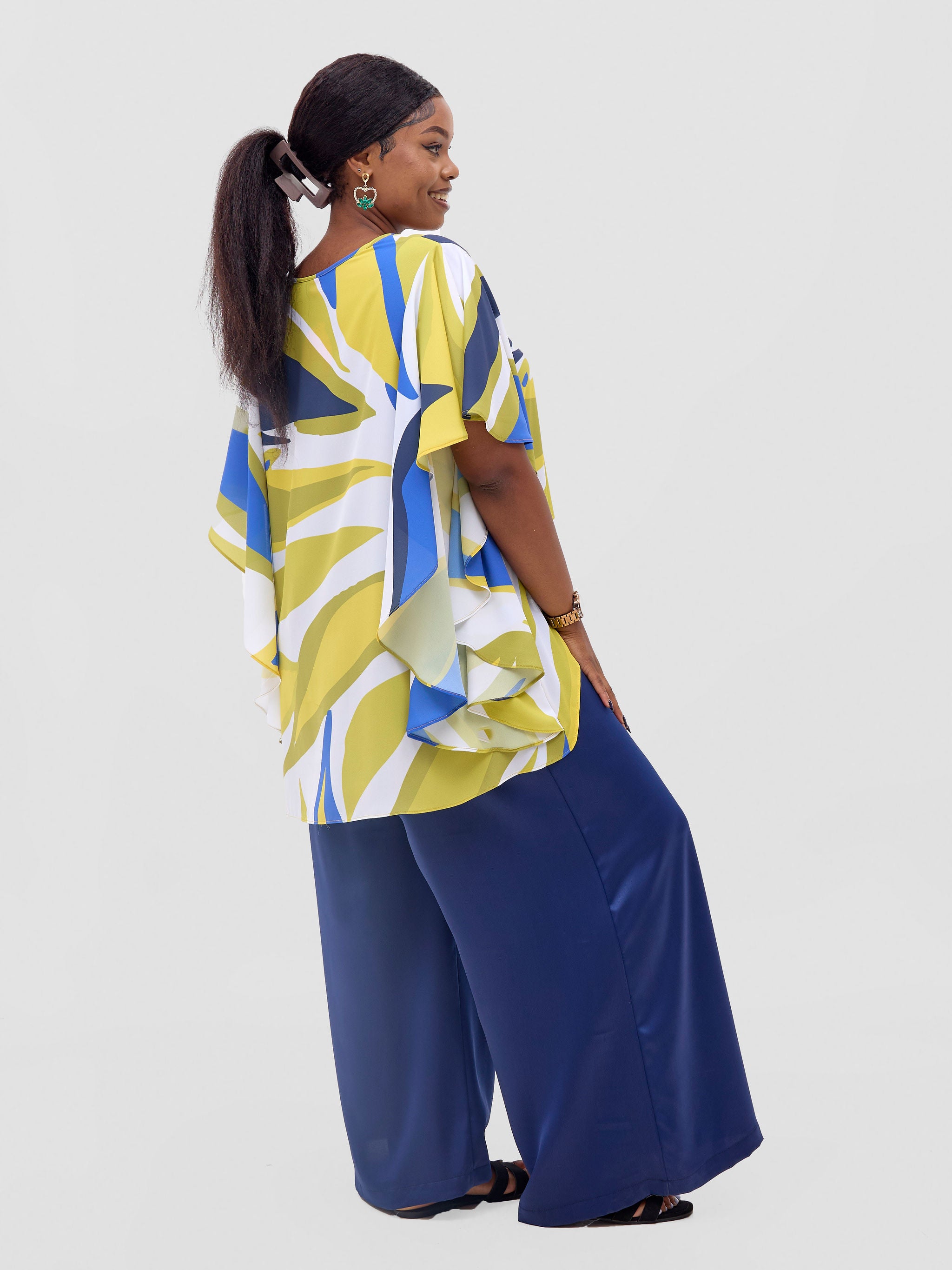 Vivo Kelemi Ruffle Sleeve Top - Royal Blue / Green Lana Print