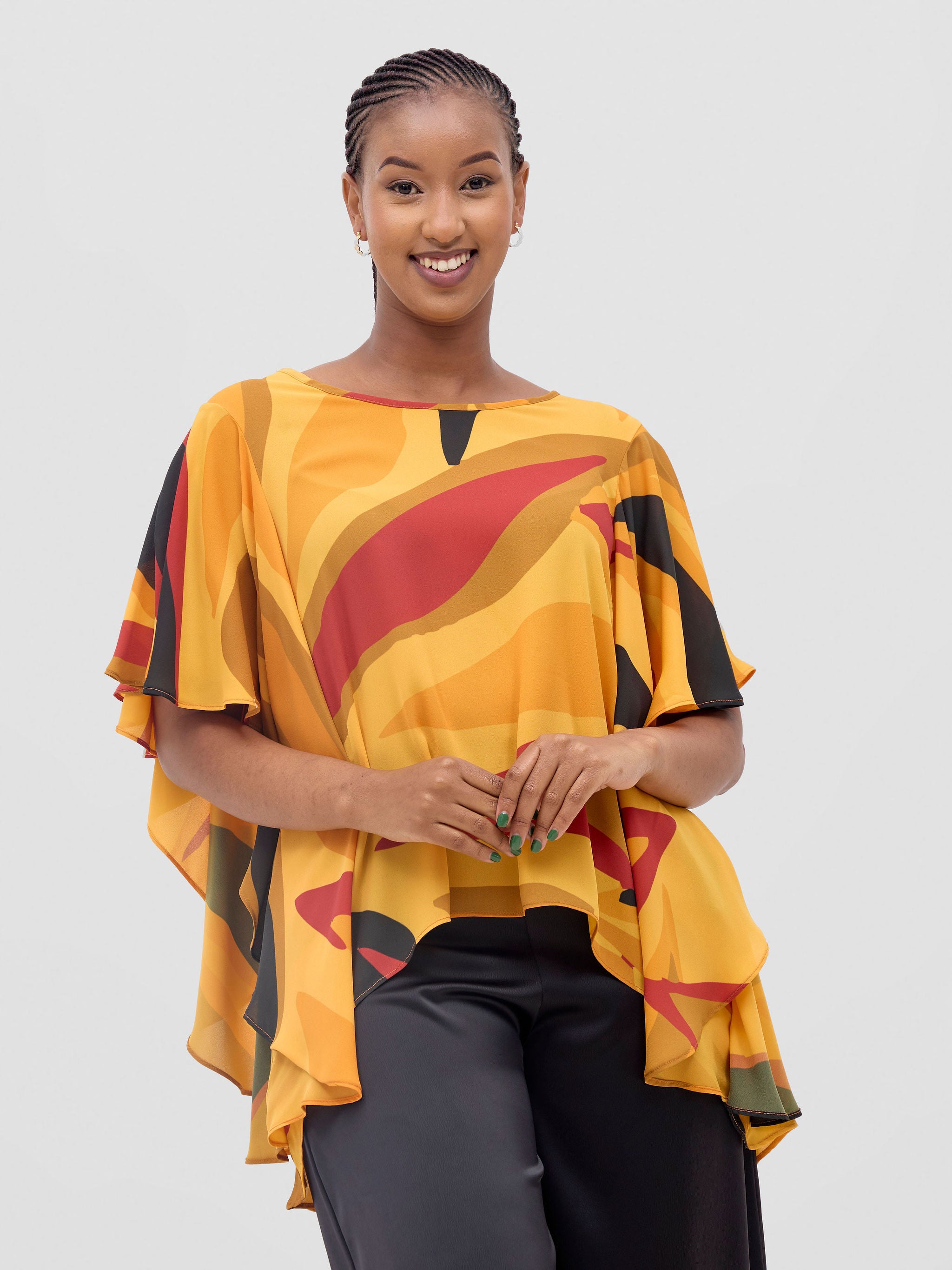 Vivo Kelemi Ruffle Sleeve Top - Mustard / Burgundy Lana Print