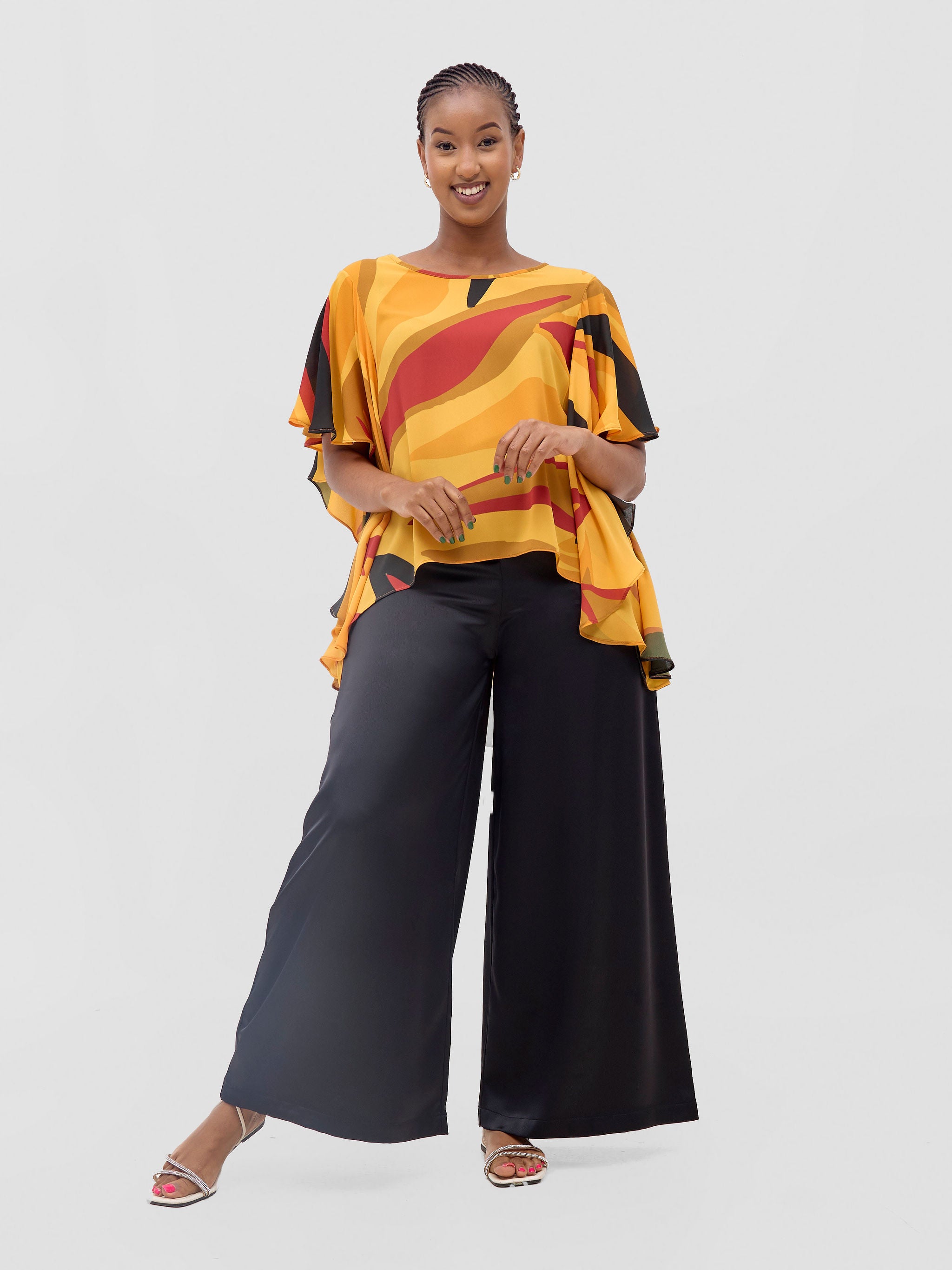 Vivo Kelemi Ruffle Sleeve Top - Mustard / Burgundy Lana Print