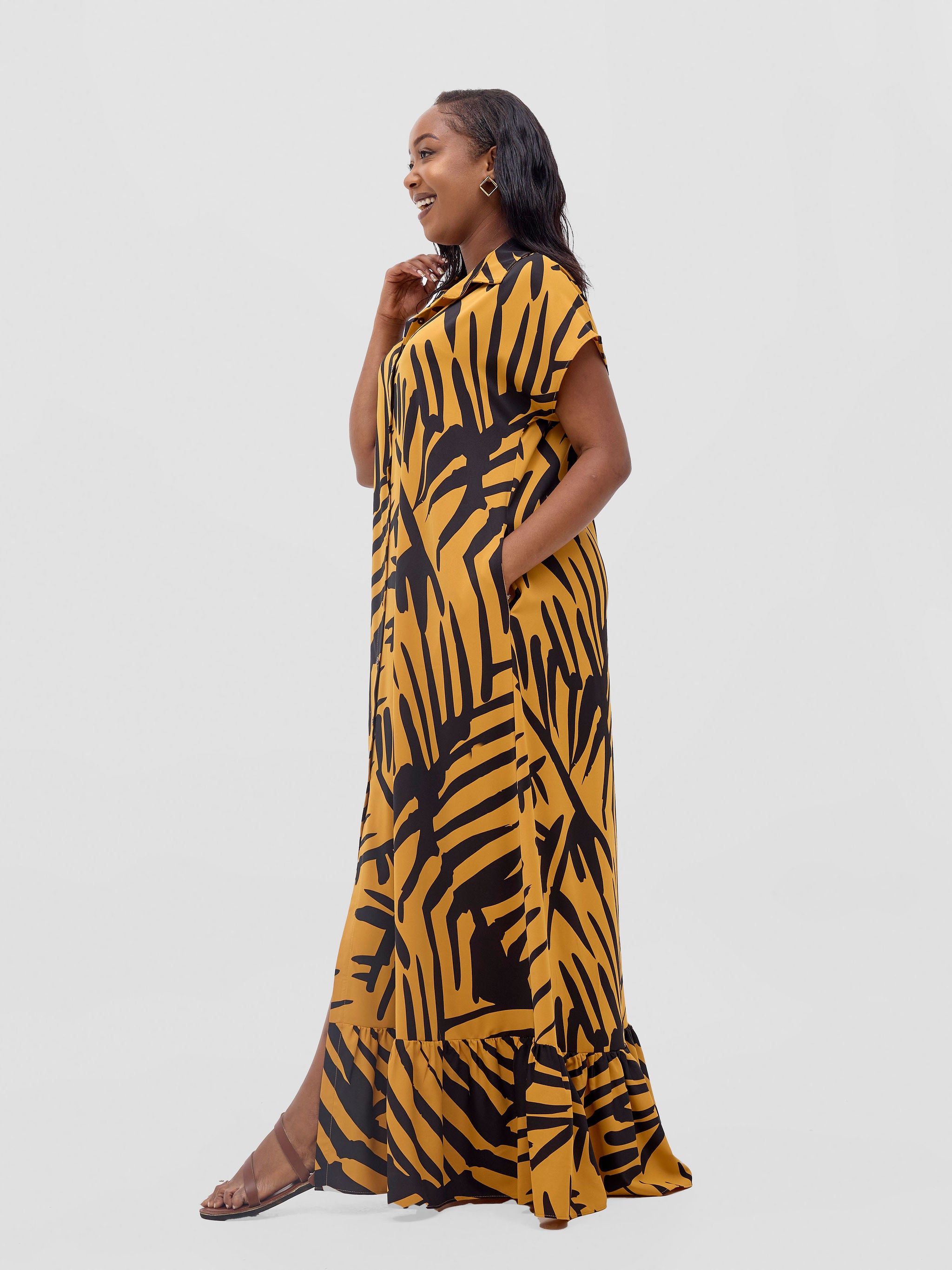 Vivo Asha Drop Shoulder Maxi Shirt Dress - Mustard / Black Lala Print