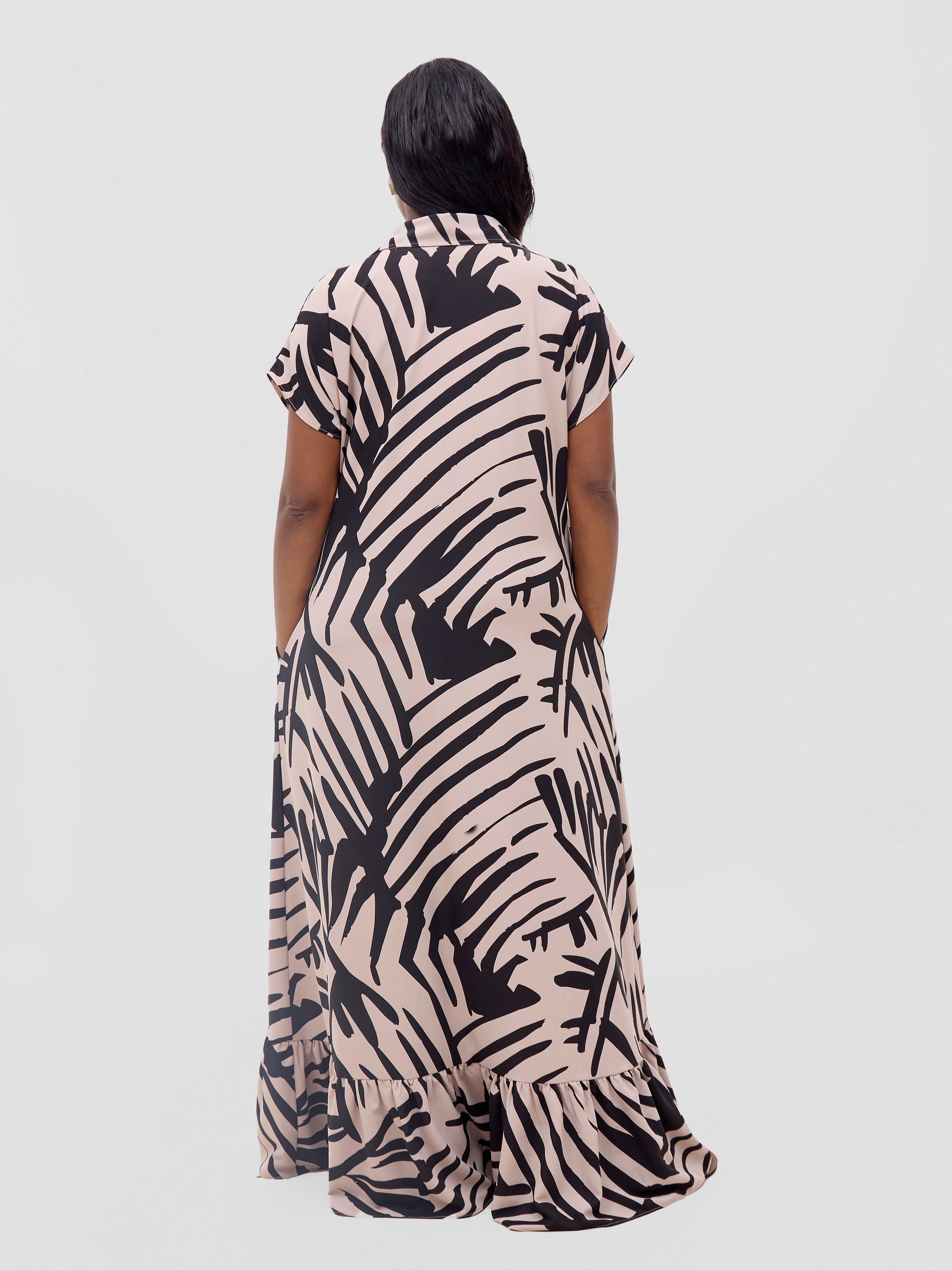 Vivo Asha Drop Shoulder Maxi Shirt Dress - Beige / Black Lala Print