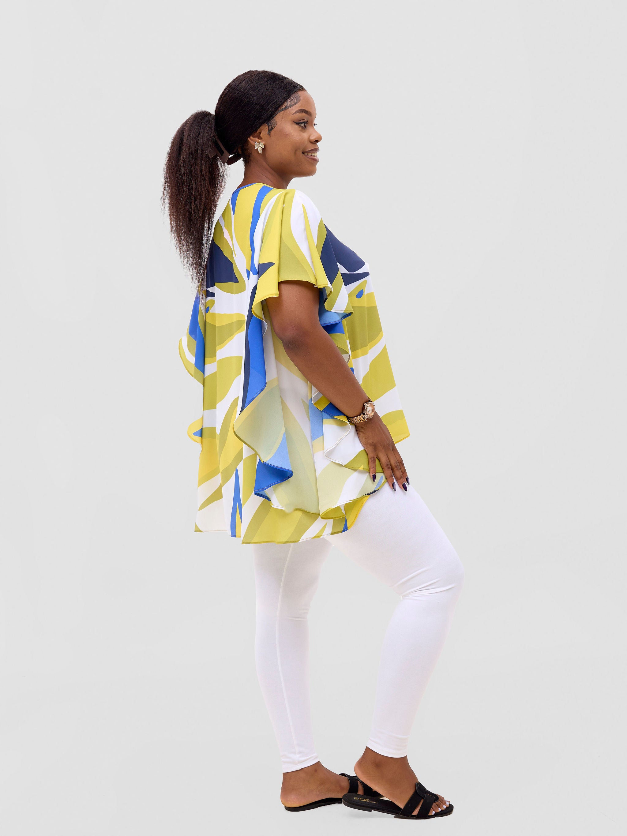 Vivo Kelemi Ruffle Sleeve Top - Royal Blue / Green Lana Print