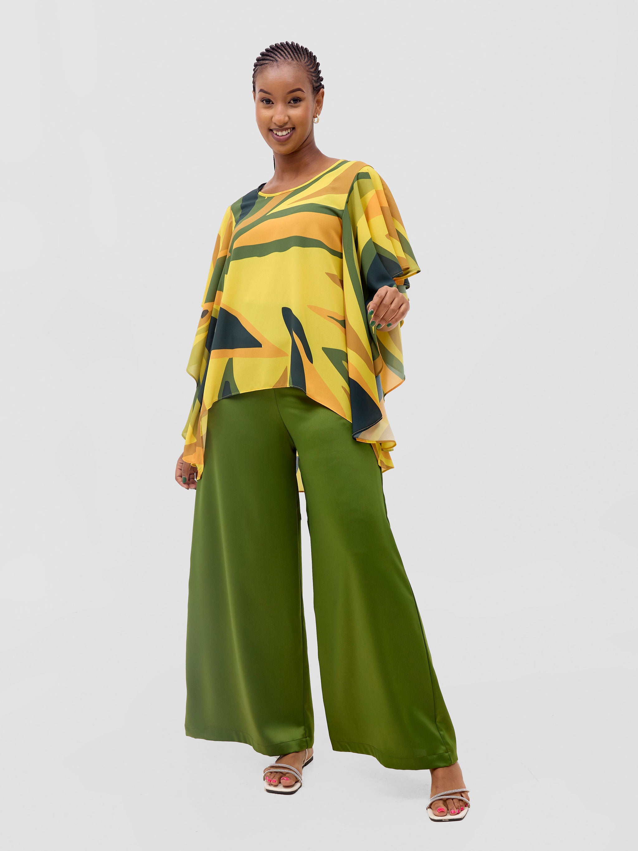 Vivo Kelemi Ruffle Sleeve Top - Yellow / Green Lana Print