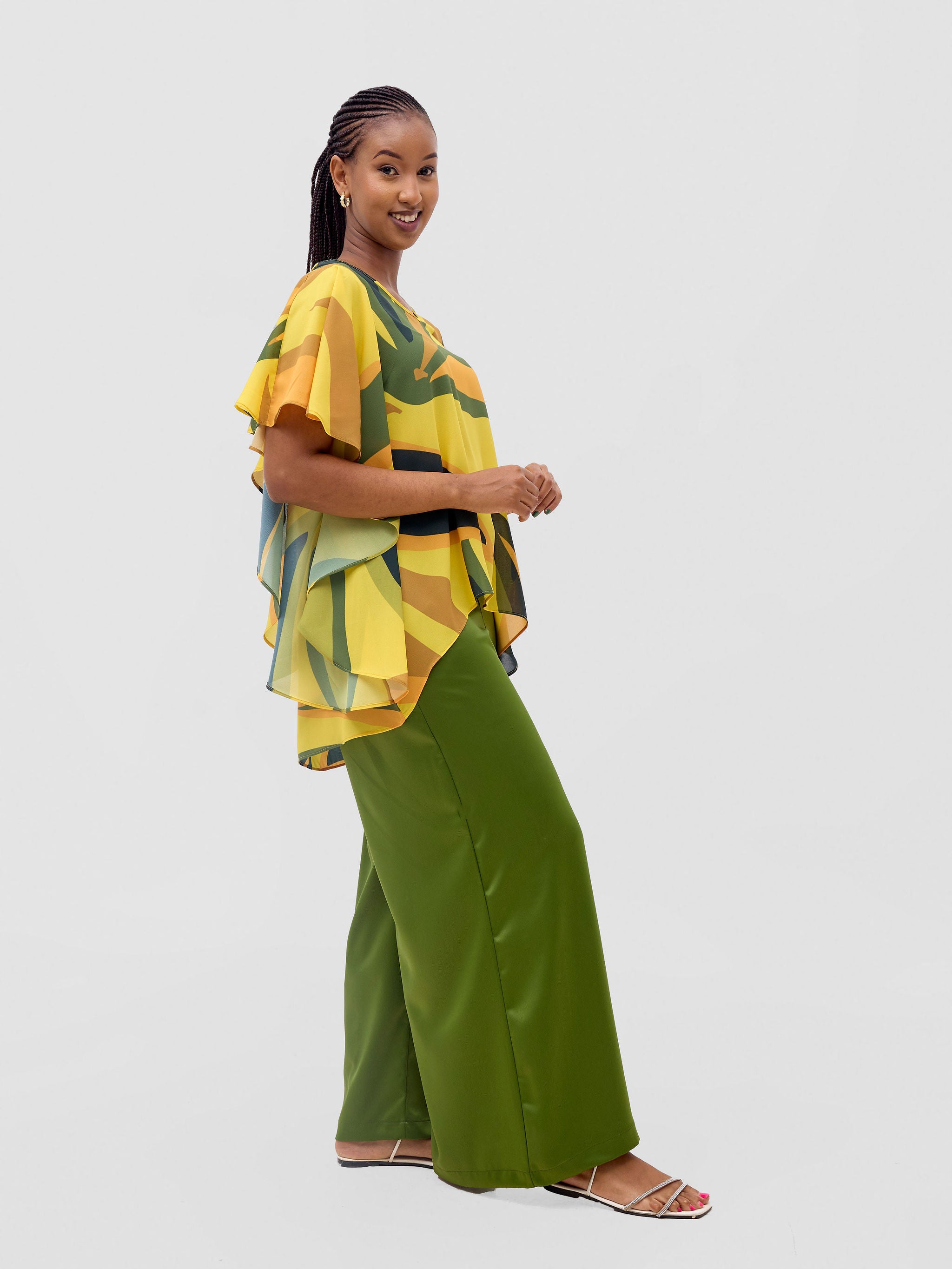 Vivo Kelemi Ruffle Sleeve Top - Yellow / Green Lana Print