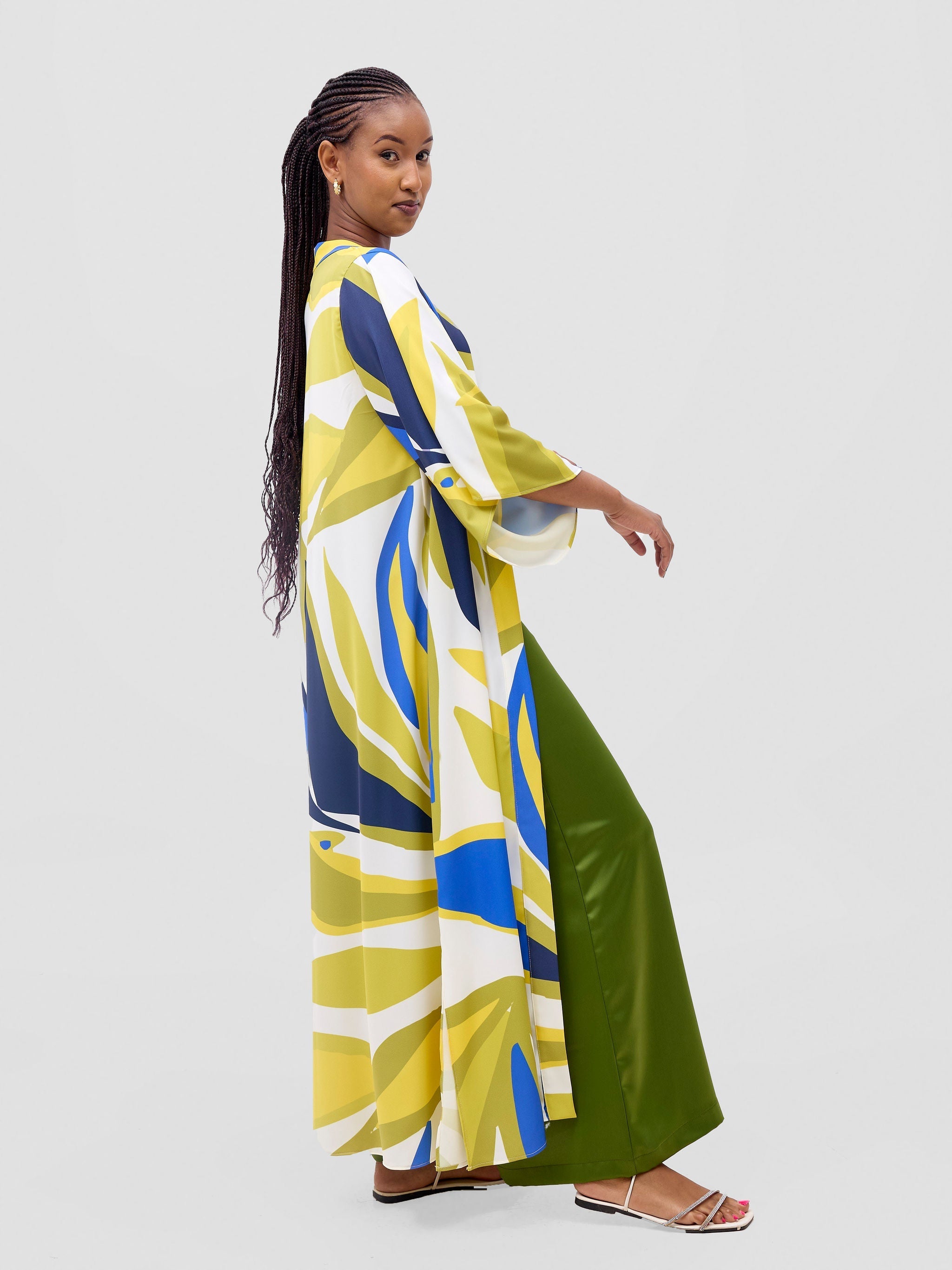Vivo Kelemi Flared Sleeve Kimono MG - Royal Blue  / Green Lana Print
