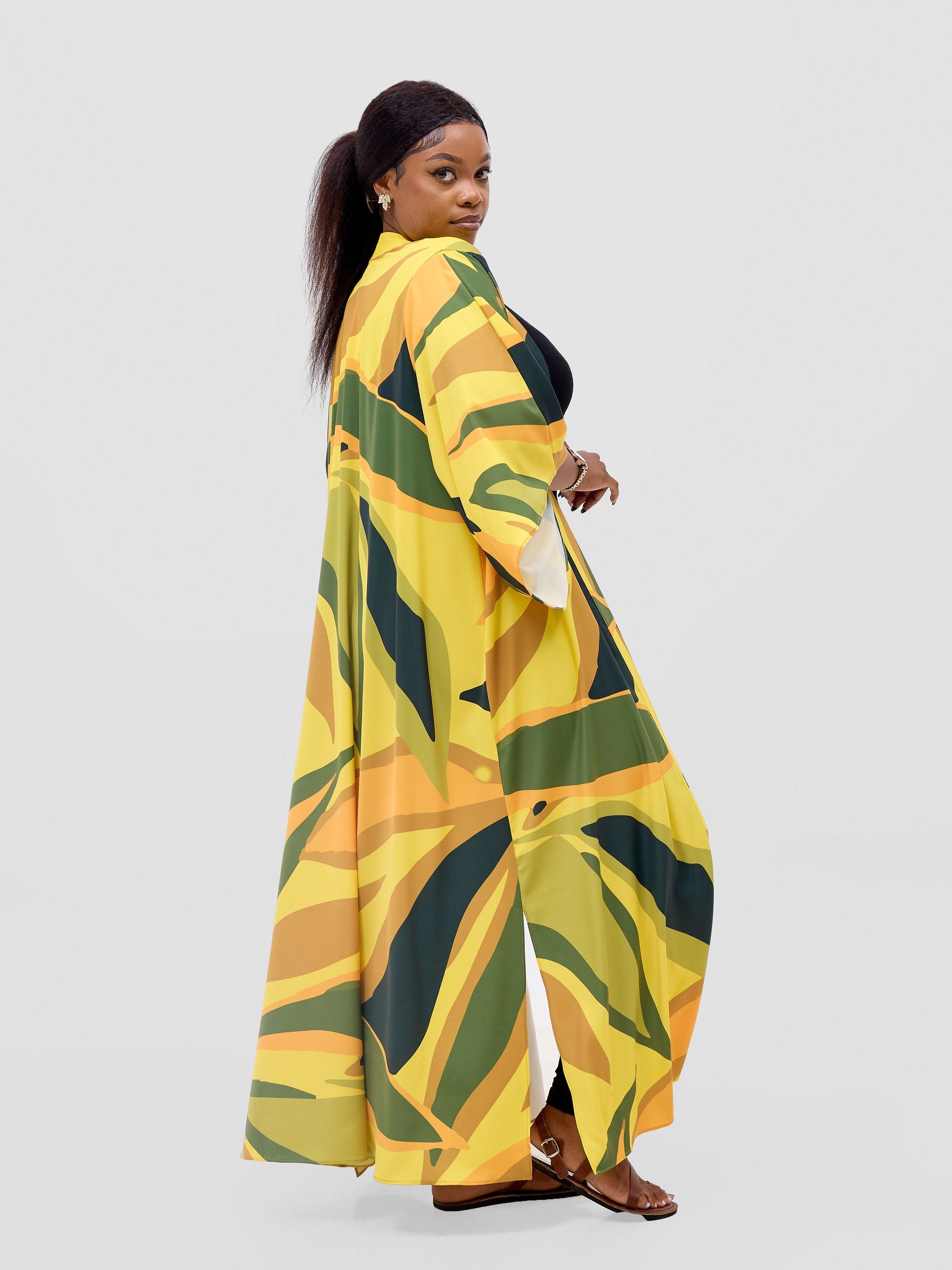 Vivo Kelemi Flared Sleeve Kimono - Yellow / Green Lana Print
