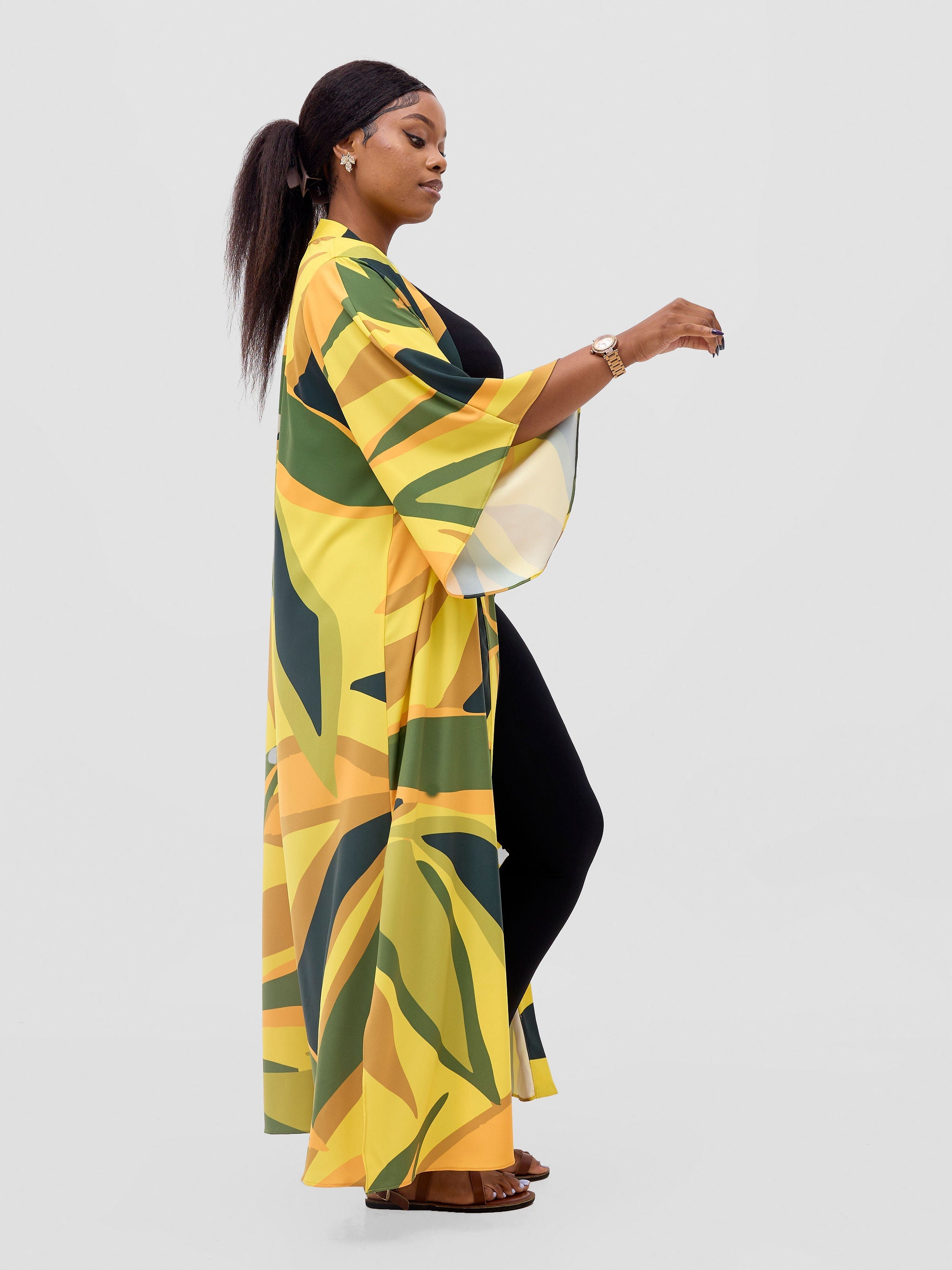 Vivo Kelemi Flared Sleeve Kimono - Yellow / Green Lana Print