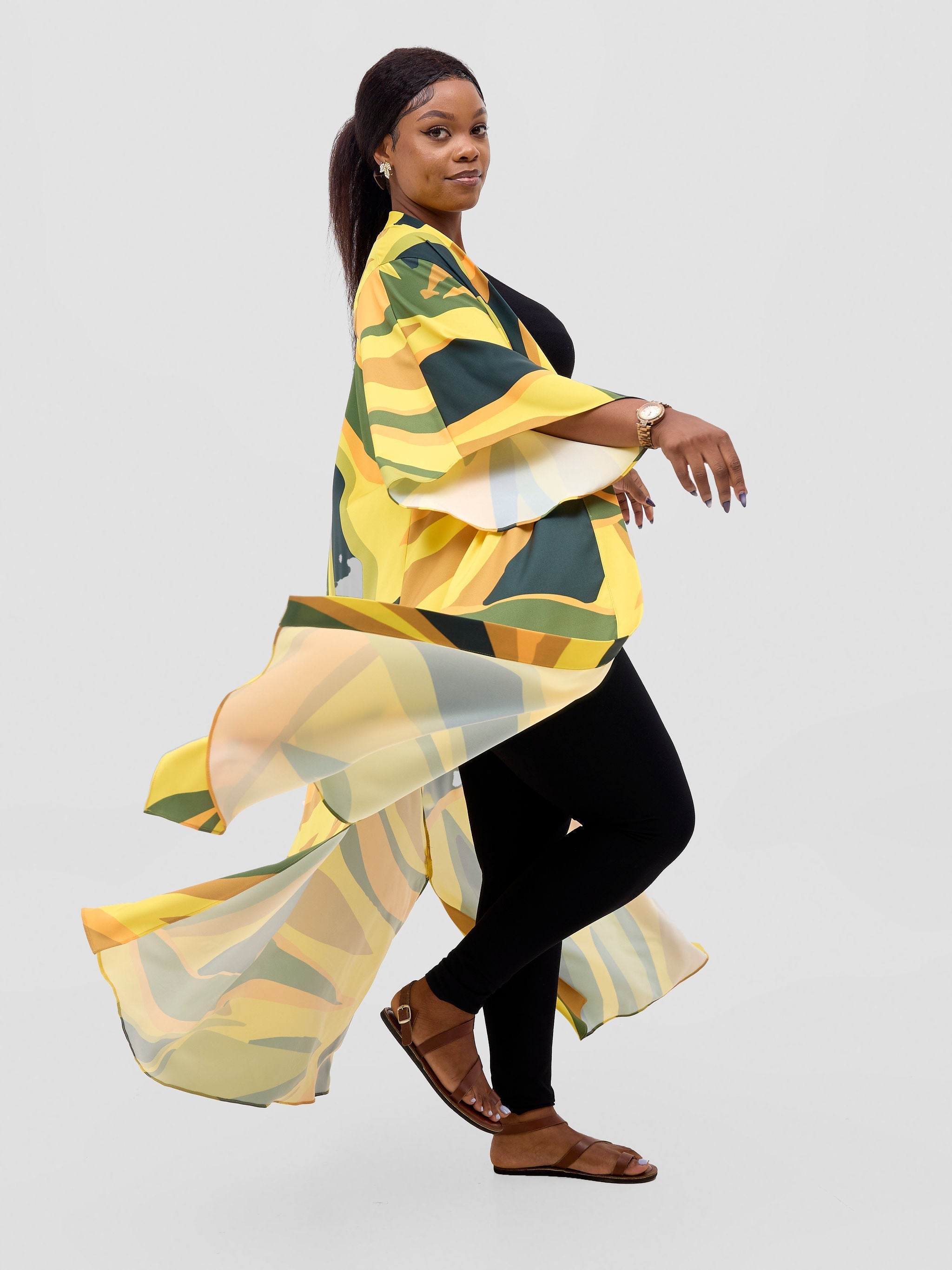 Vivo Kelemi Flared Sleeve Kimono MG - Yellow / Green Lana Print