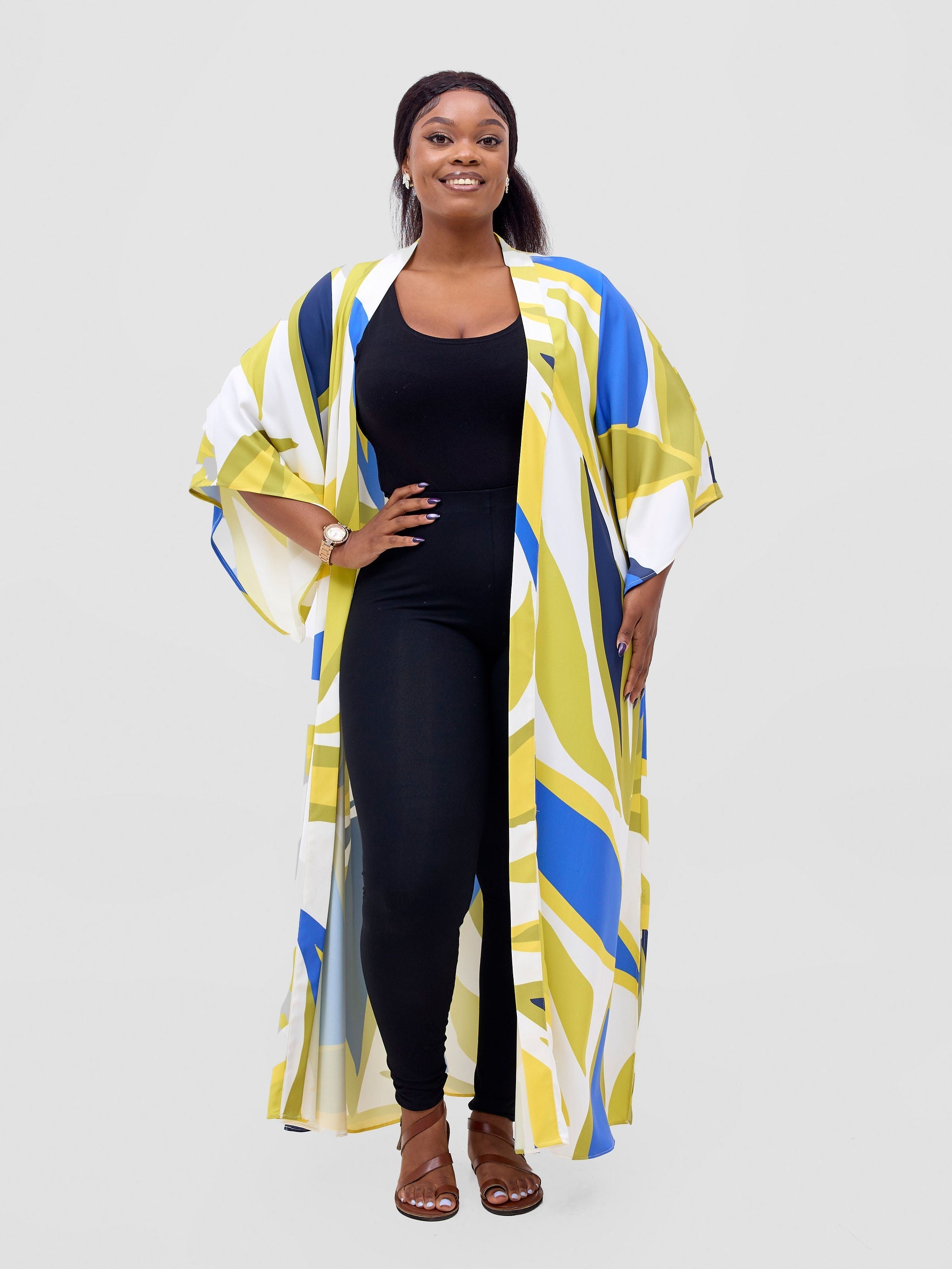 Vivo Kelemi Flared Sleeve Kimono MG - Royal Blue  / Green Lana Print