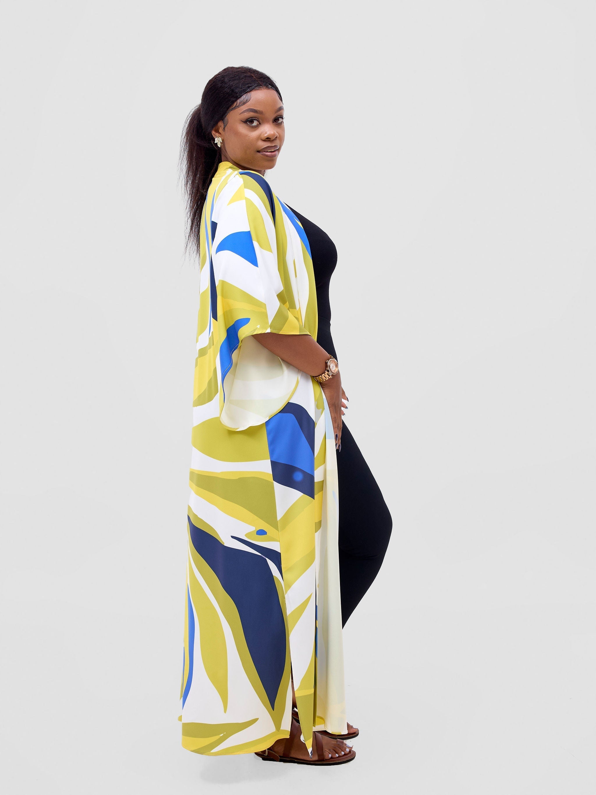 Vivo Kelemi Flared Sleeve Kimono MG - Royal Blue  / Green Lana Print