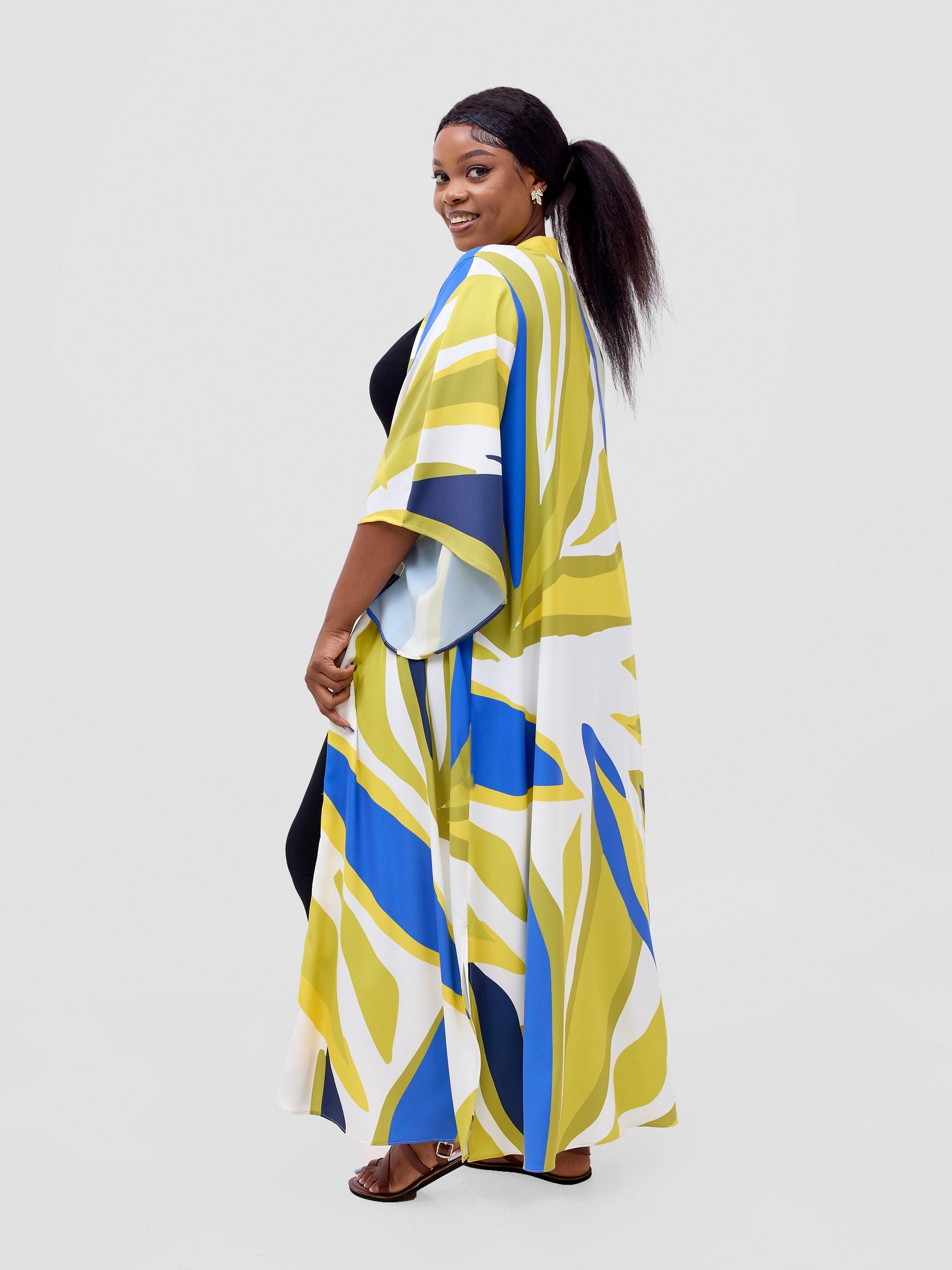 Vivo Kelemi Flared Sleeve Kimono - Royal Blue  / Green Lana Print