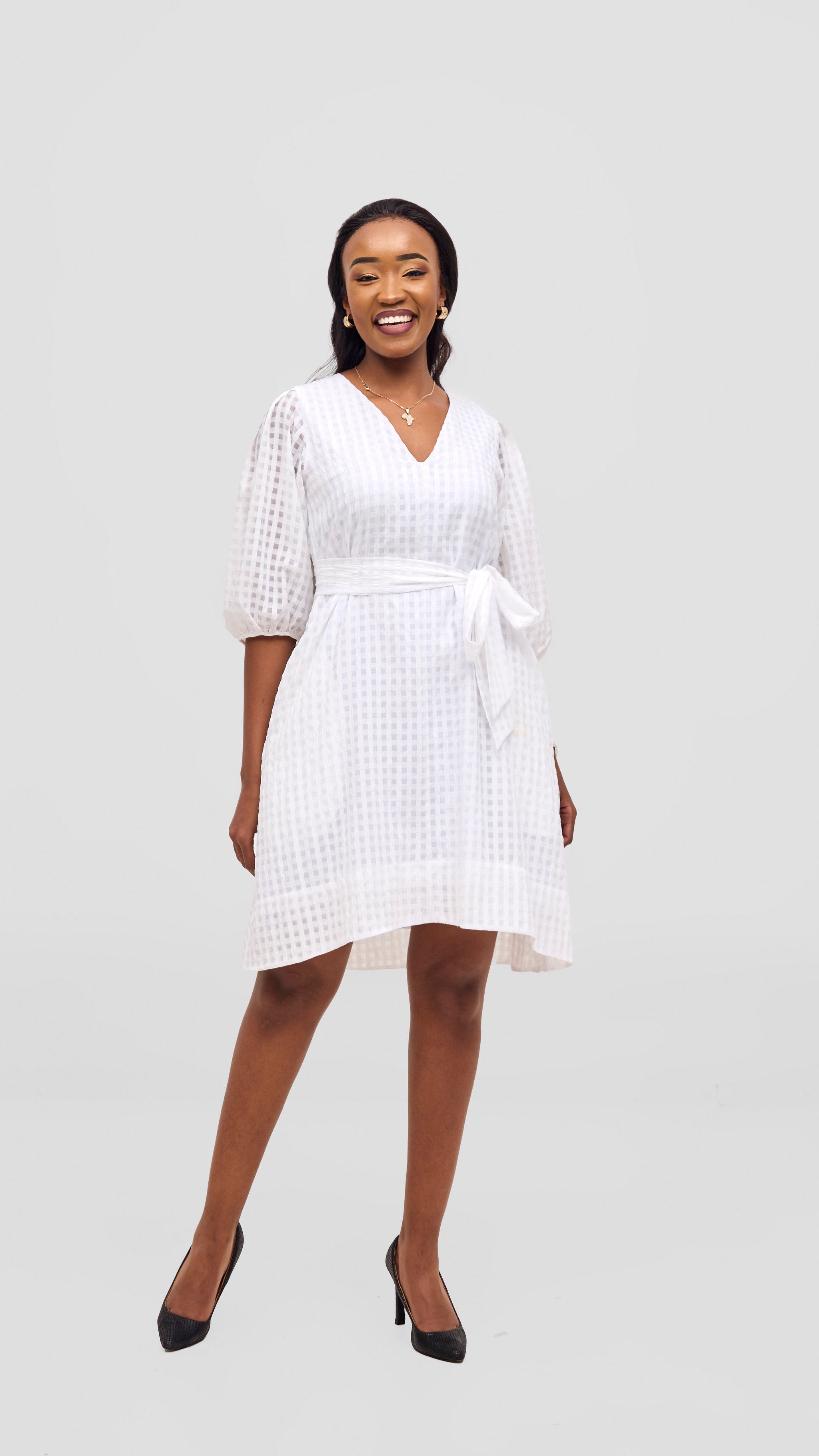Vivo Alani High Low Dress - White Checkered Print