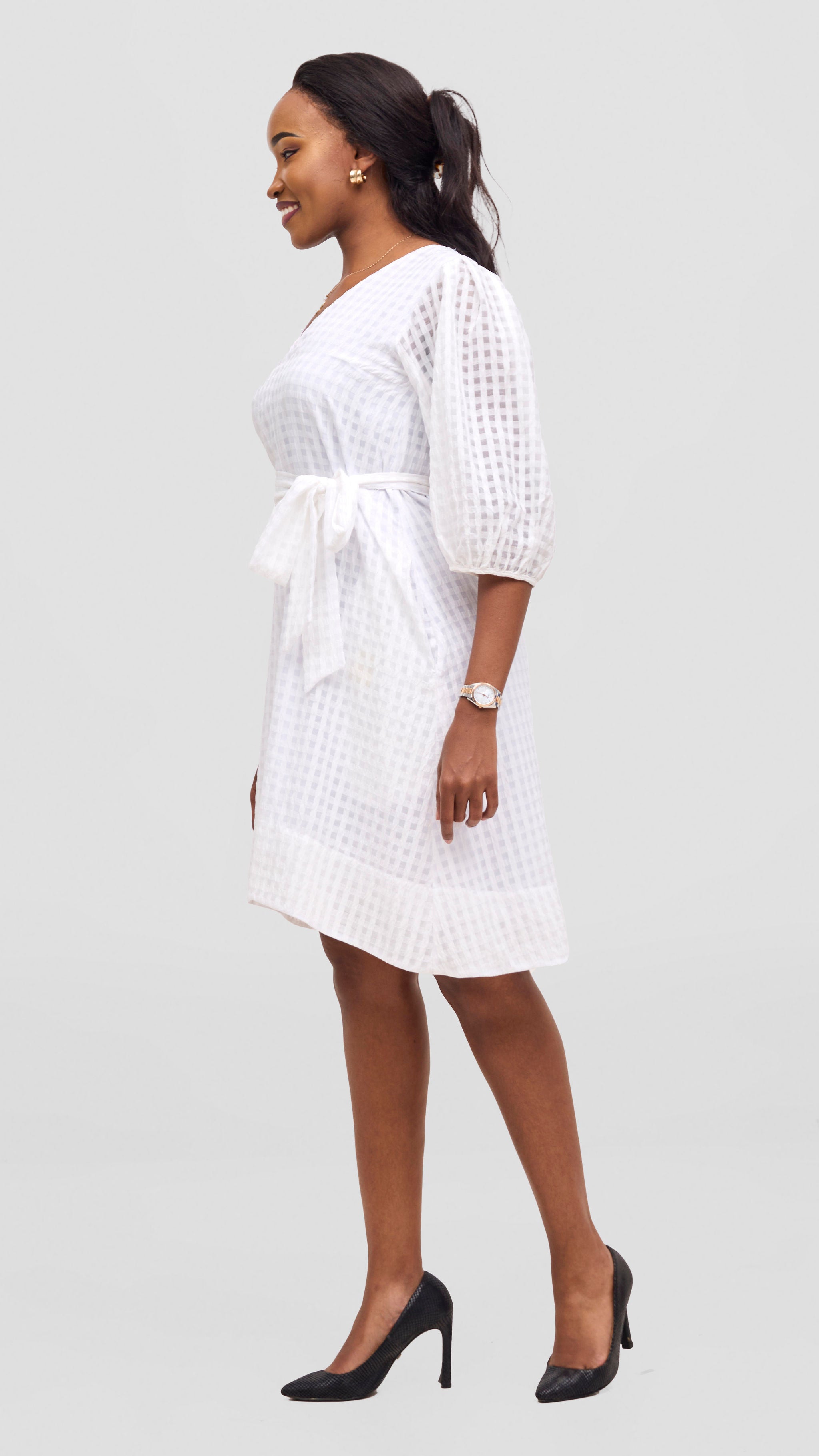Vivo Alani High Low Dress - White Checkered Print