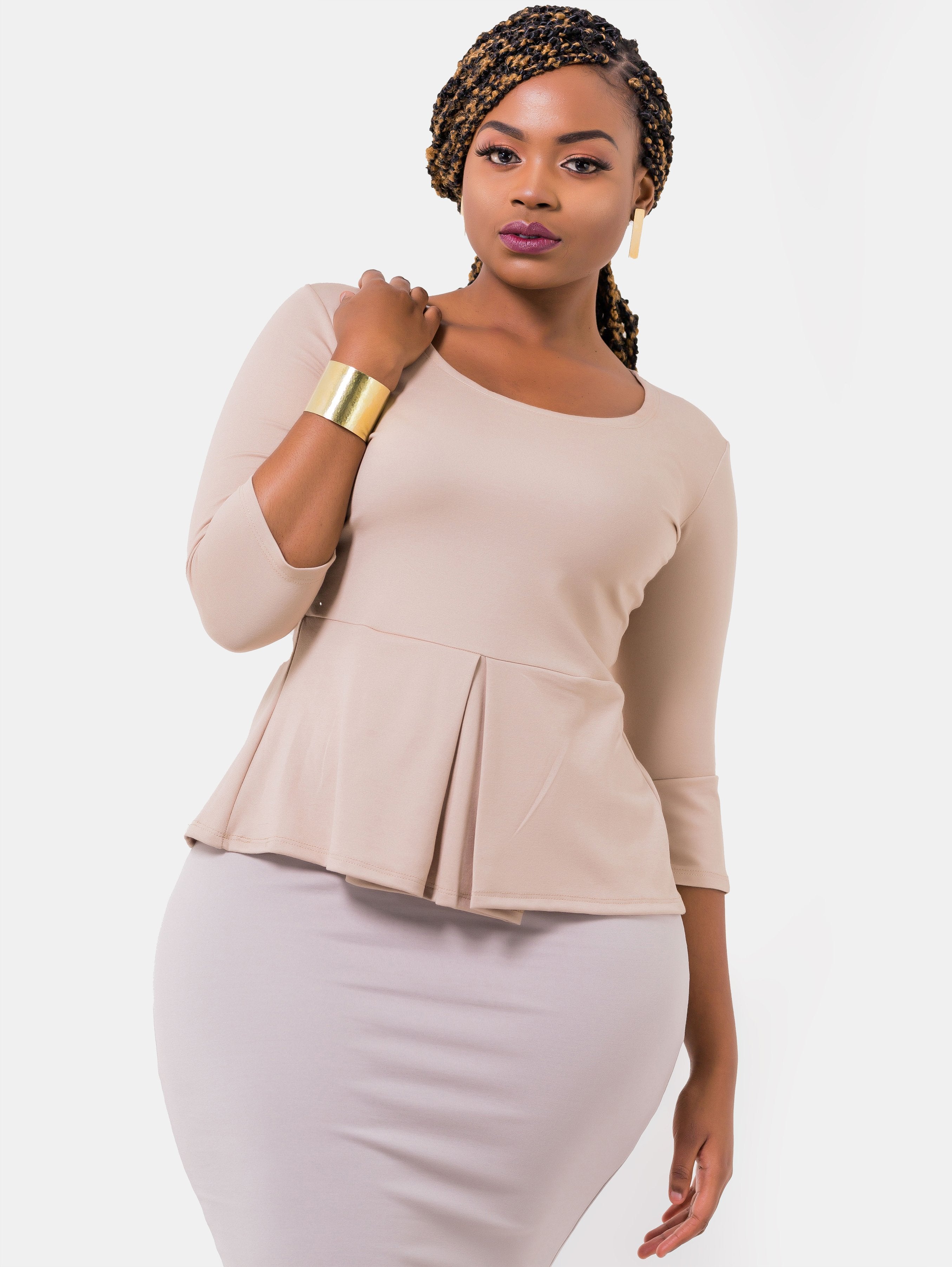 Vivo 3/4 Sleeve Amber Front Pleat Top - Taupe - Shop Zetu