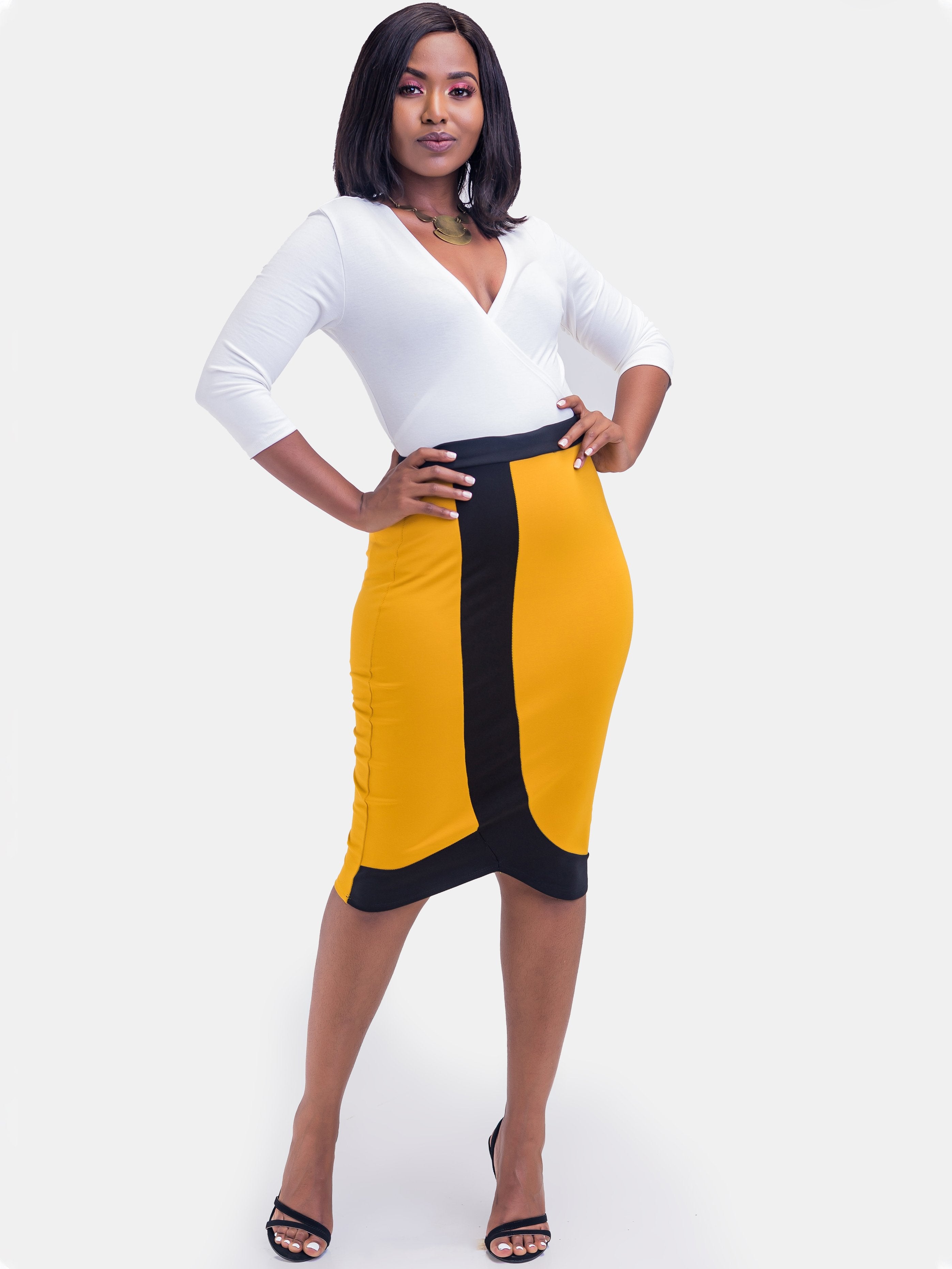 Sowairina ZaRa Pencil Skirt - Mustard & Black - Shop Zetu