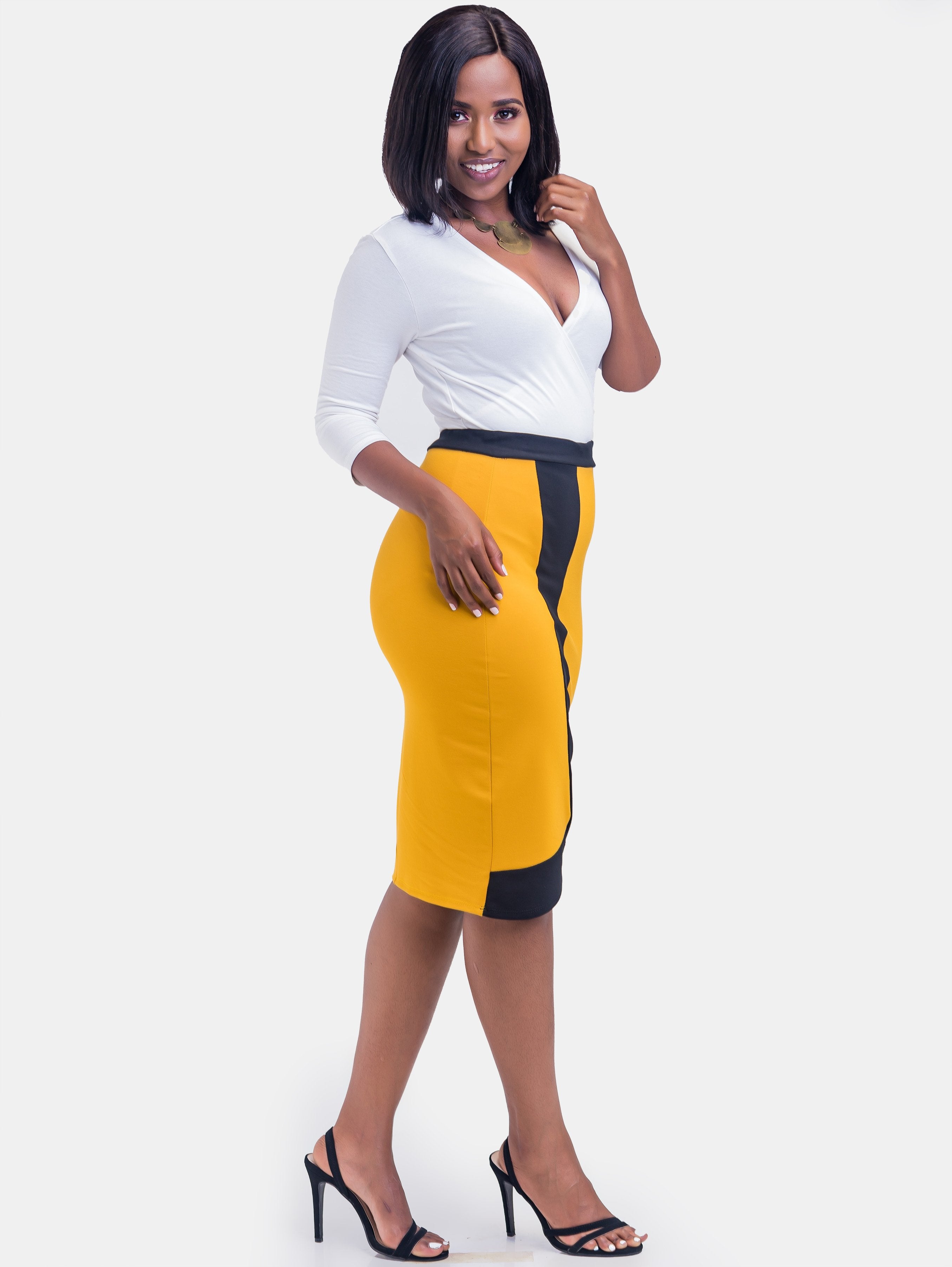 Sowairina ZaRa Pencil Skirt - Mustard & Black - Shop Zetu