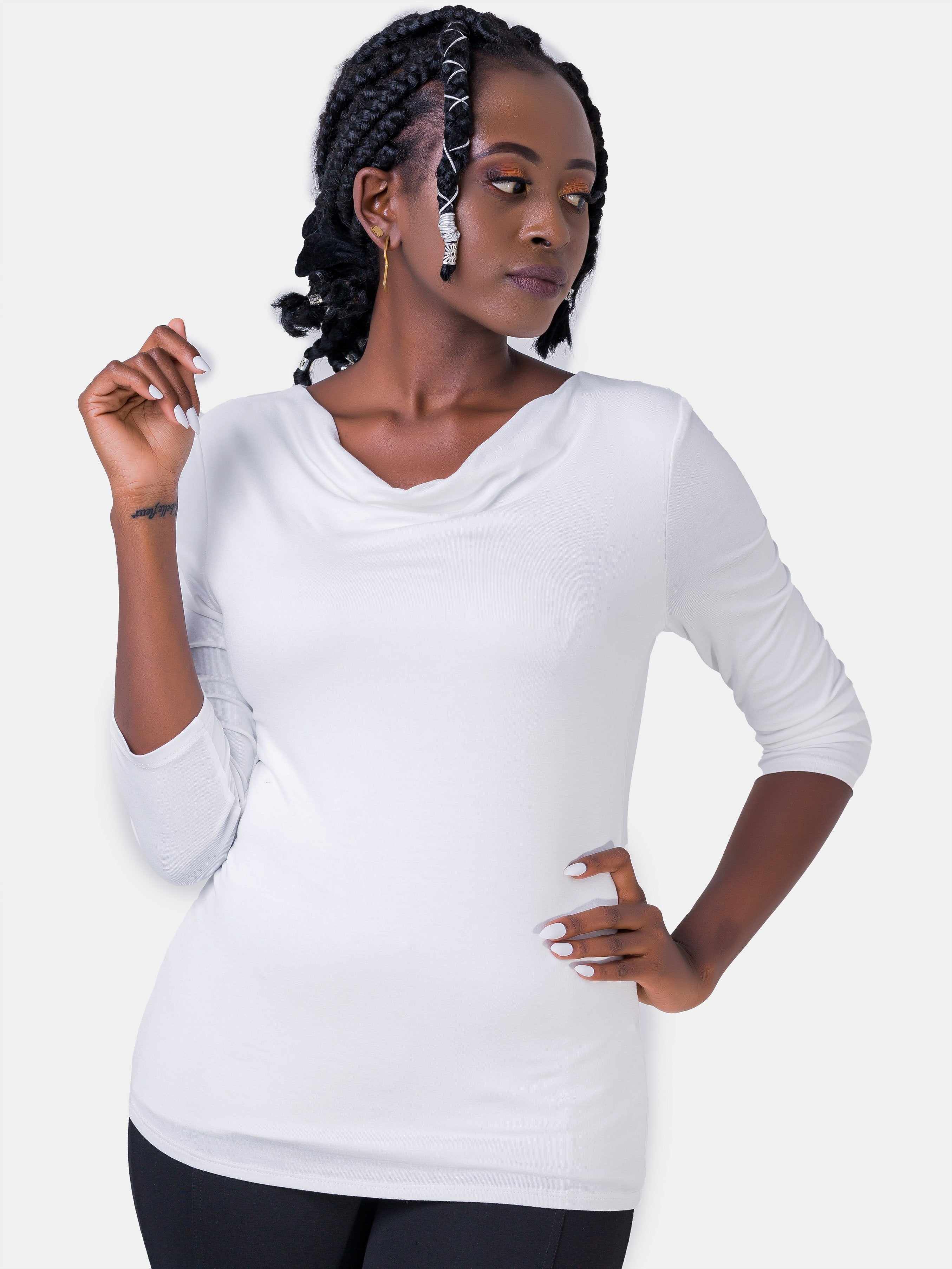 Vivo 3/4 Sleeve Double Layered Cowl Top - Off White - Shop Zetu