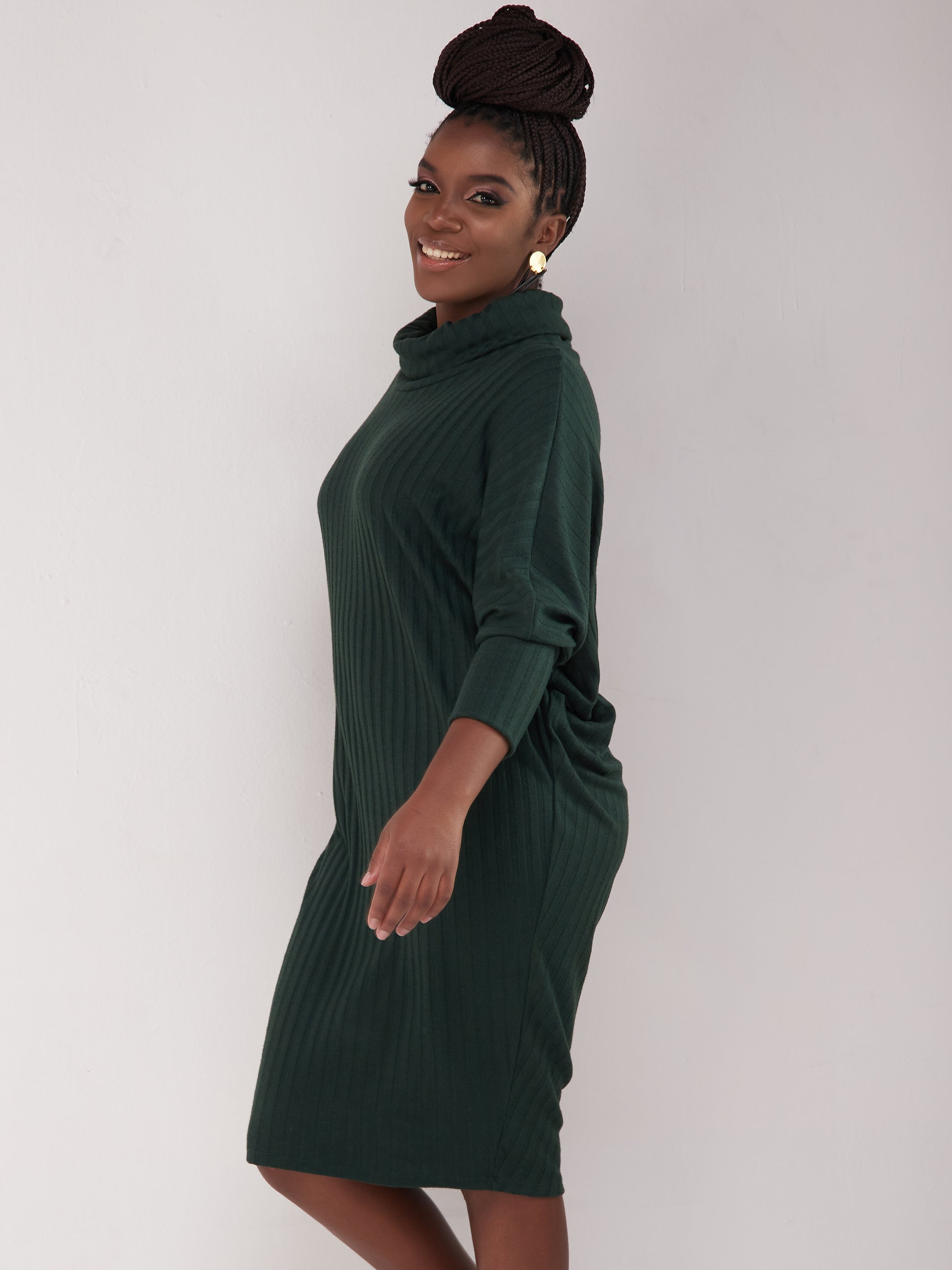 Safari Basic Dolman Cowl Sweater Dress  - Dark Green