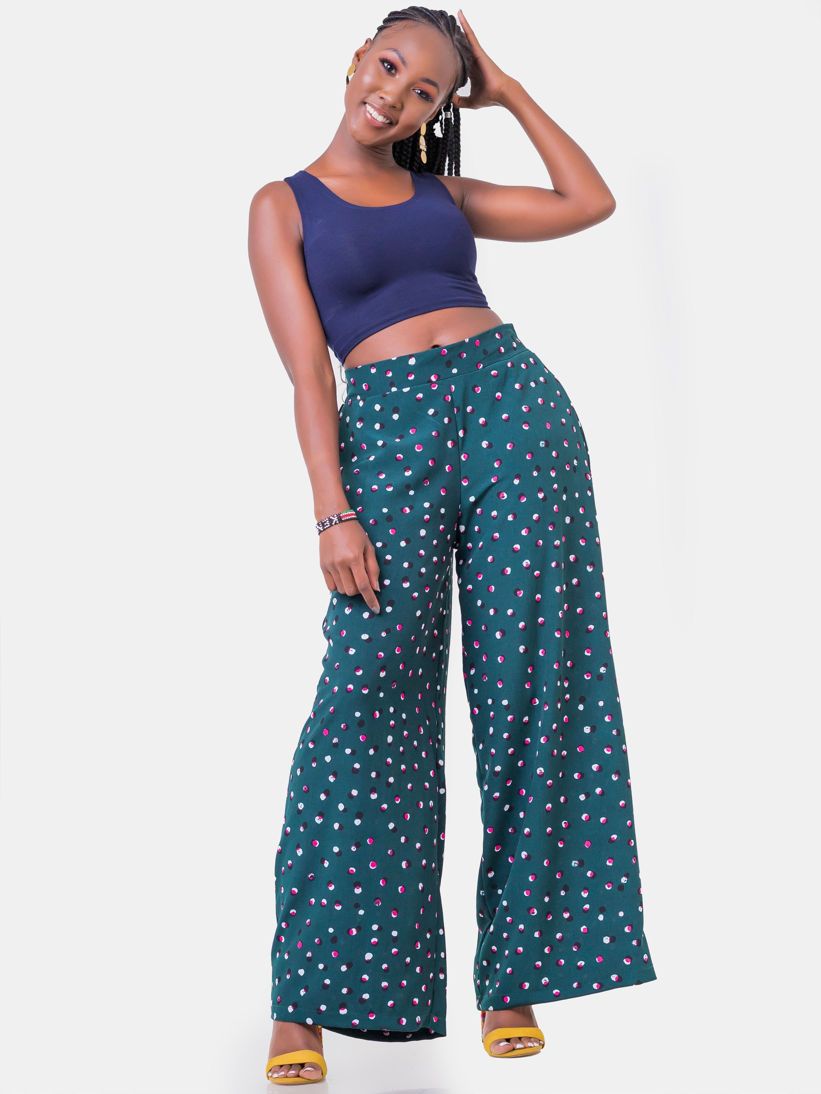 Zetu Crepe Palazzo Pants - Teal Print - Shop Zetu