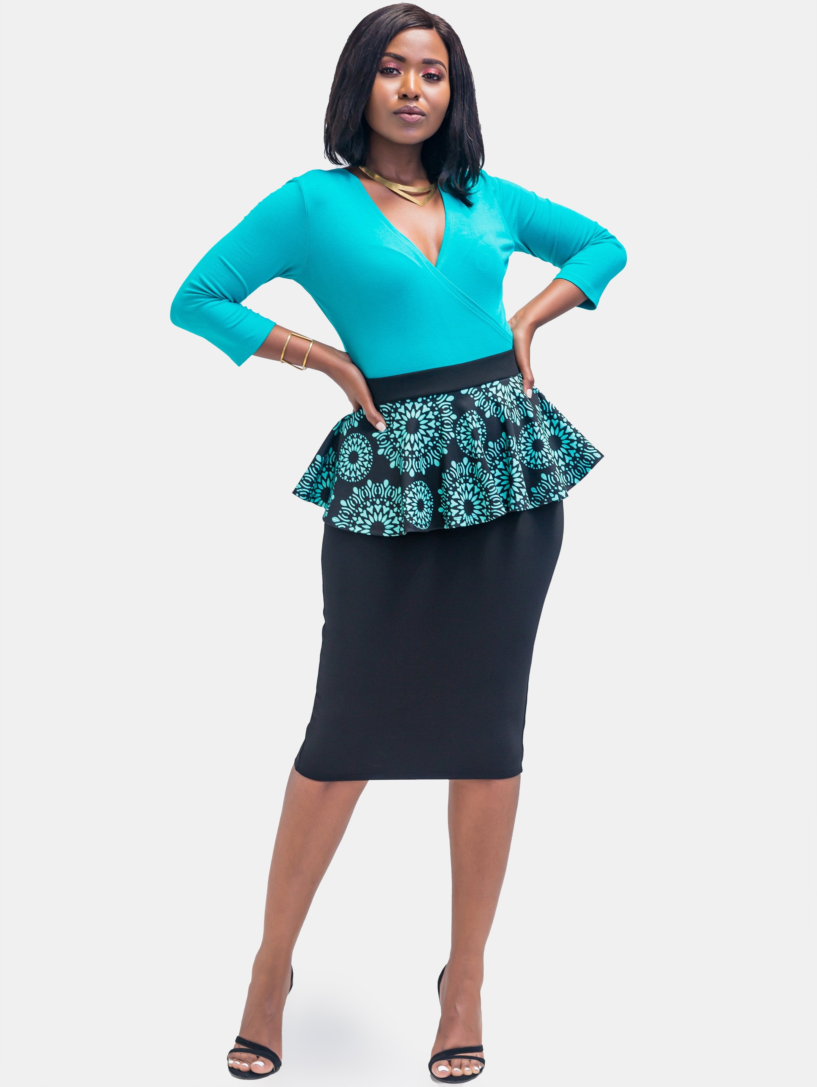 Sowairina ZaRa Peplum Skirt - Black Teal Print - Shop Zetu