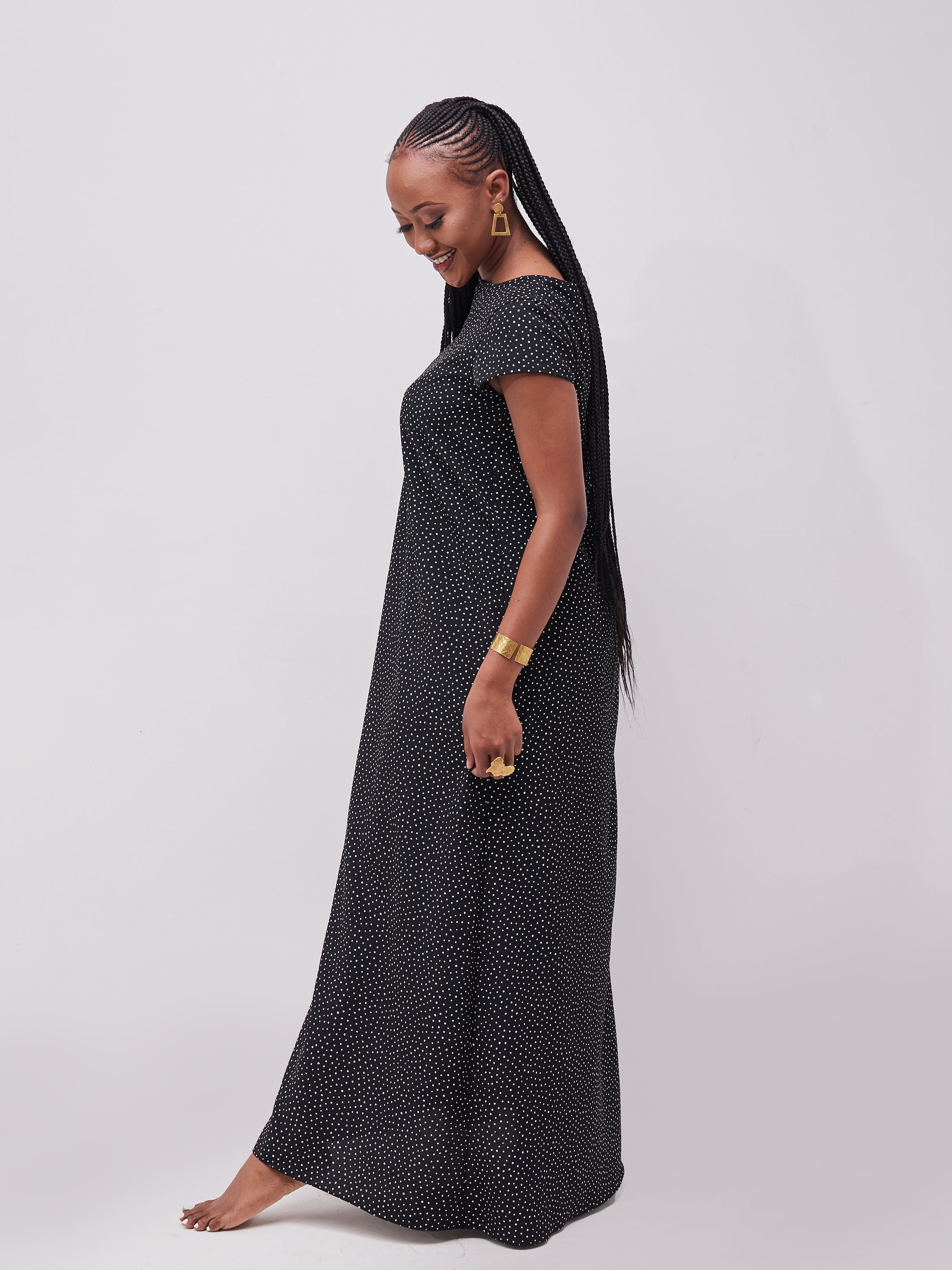 Vivo Basic Cap Sleeved Tent Maxi Dress - Black / White Polka Print