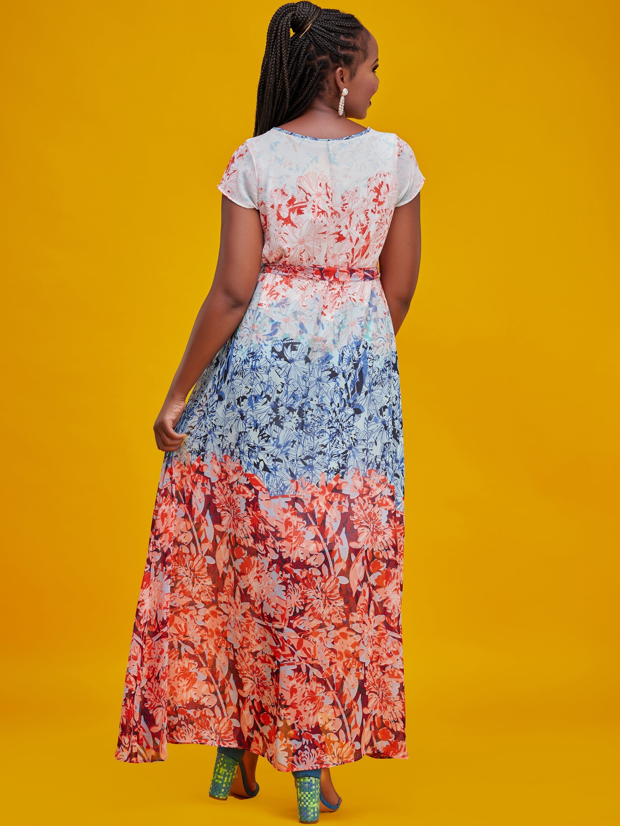 Vivo Basic Cap Sleeved Tent Maxi Dress - Blue / Pink Print