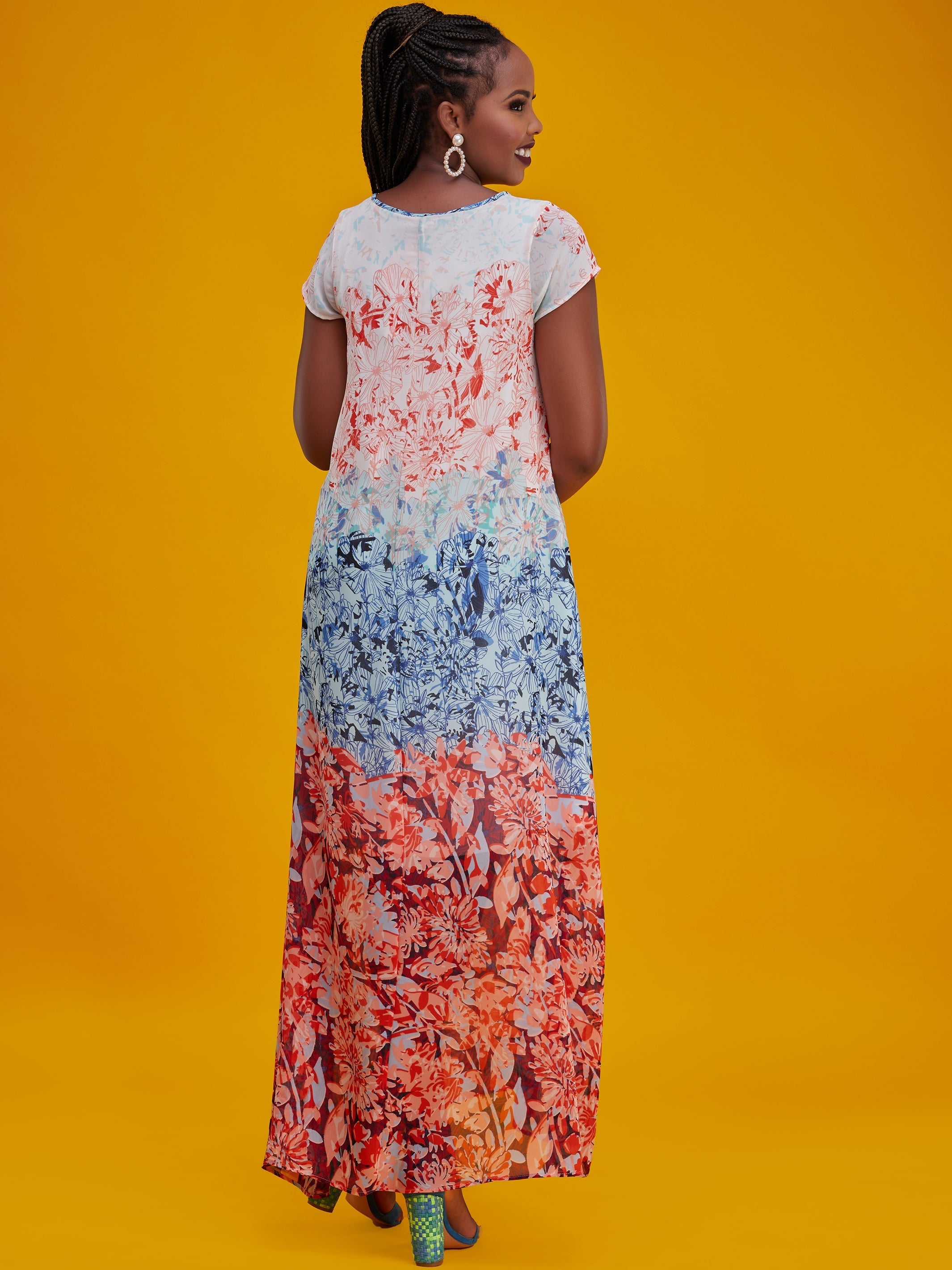 Vivo Basic Cap Sleeved Tent Maxi Dress - Blue / Pink Print