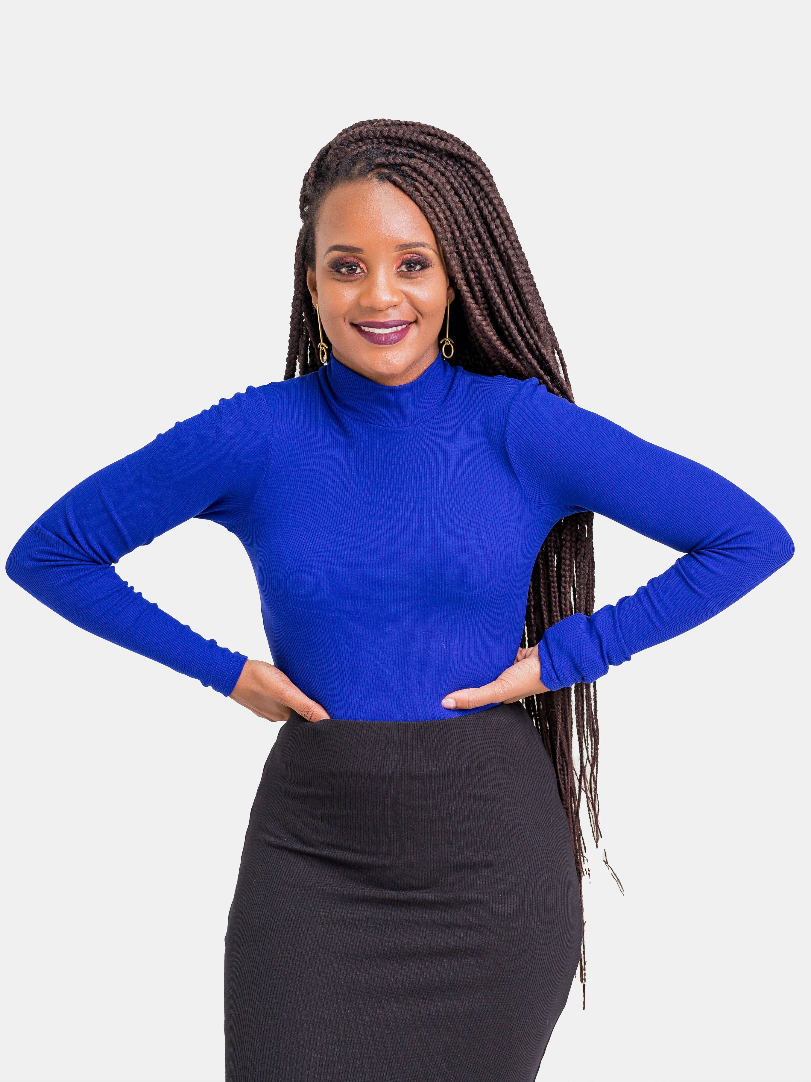 Zetu Ribbed Long Sleeve Turtleneck Bodysuit - Royal Blue - Shop Zetu