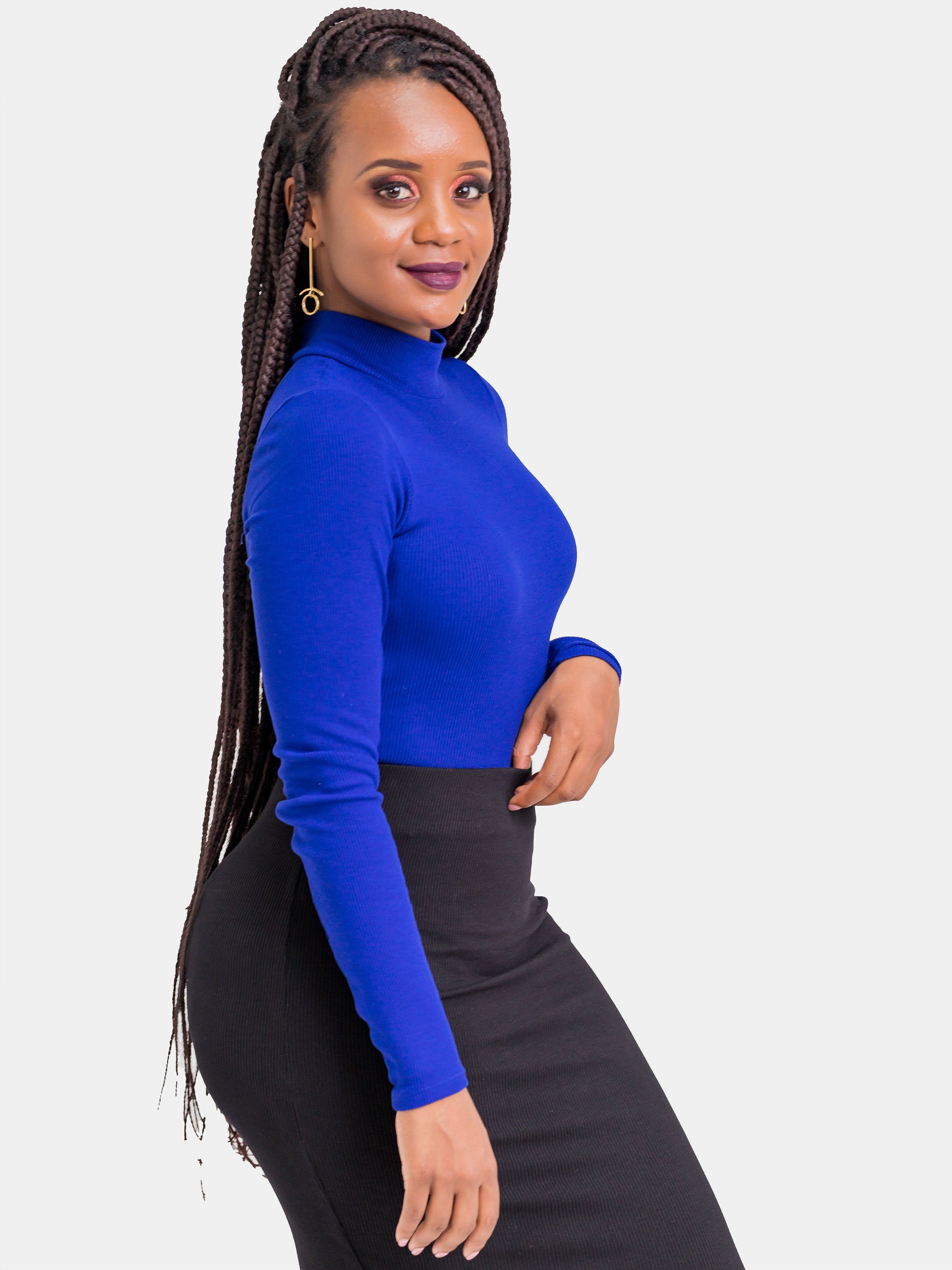 Zetu Ribbed Long Sleeve Turtleneck Bodysuit - Royal Blue - Shop Zetu