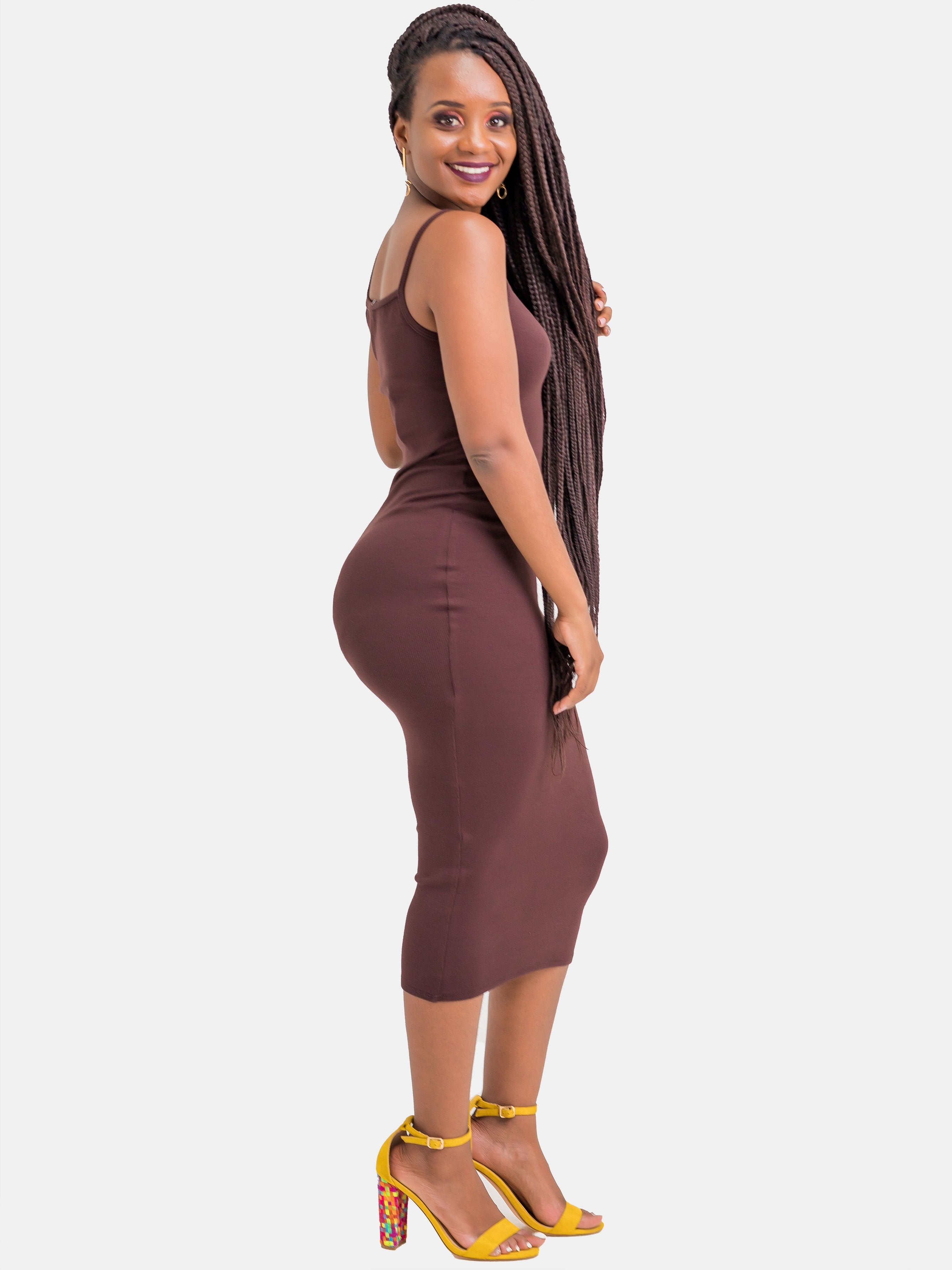 Zetu Ribbed Strappy Bodycon - Brown - Shop Zetu