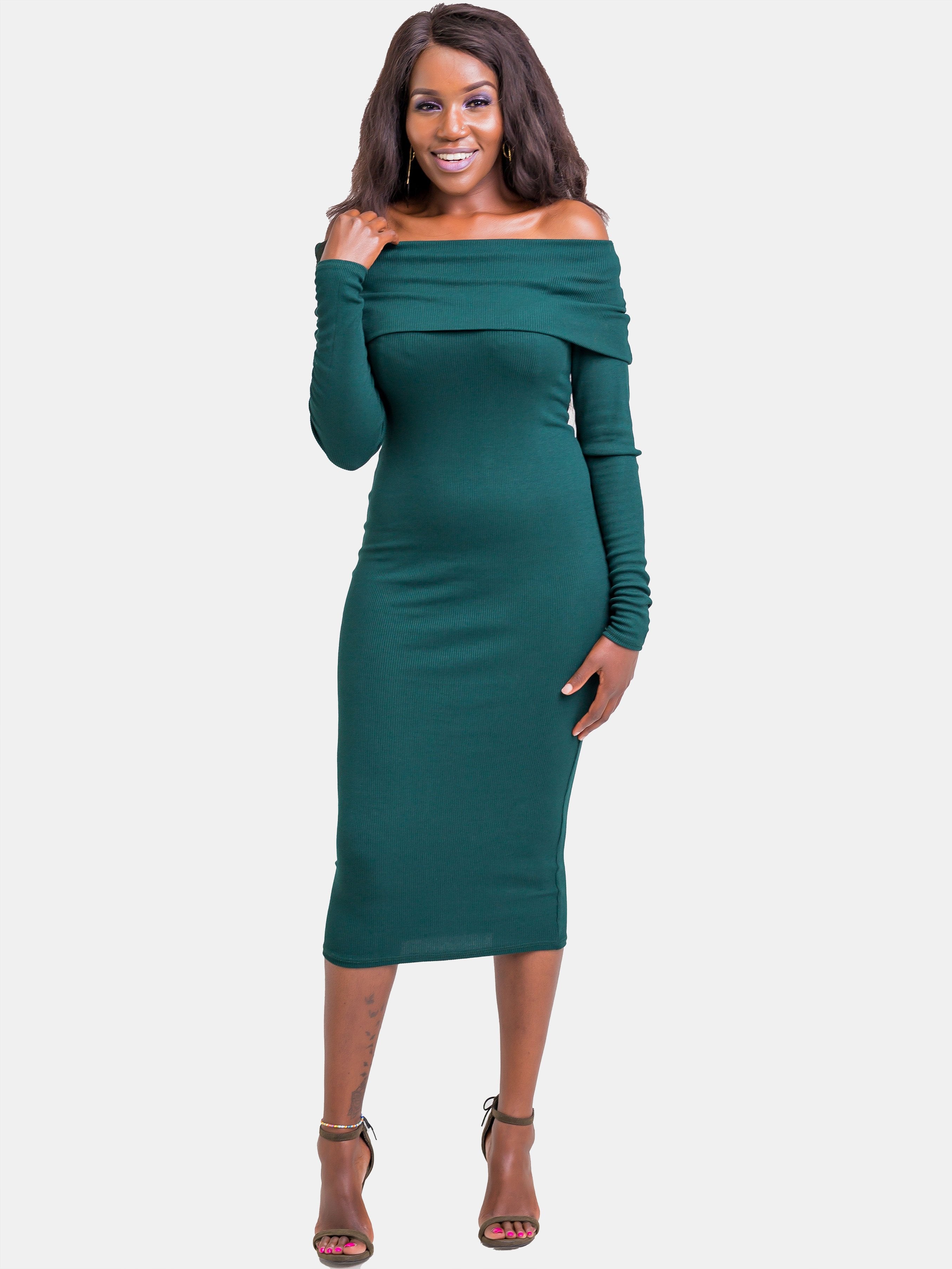 Zetu Ribbed Off-Shoulder Bodycon - Dark Green - Shop Zetu