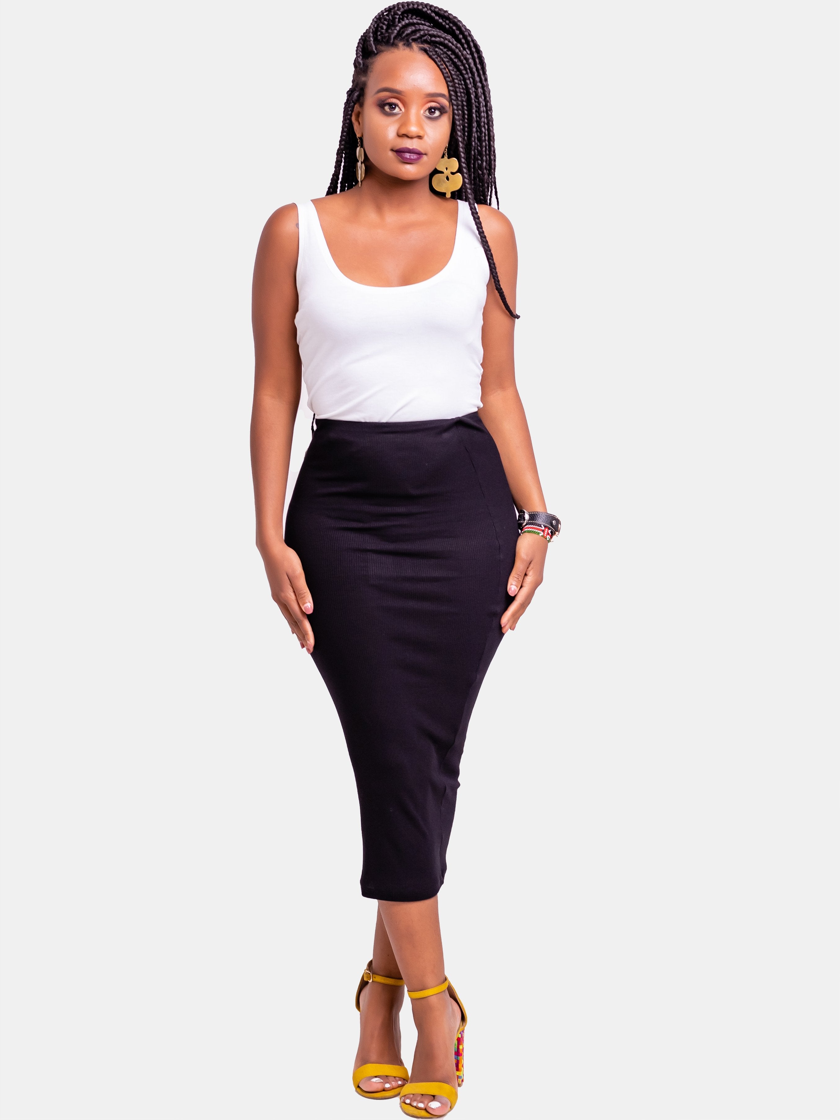 Zetu Ribbed Midi Pencil Skirt - Black - Shop Zetu