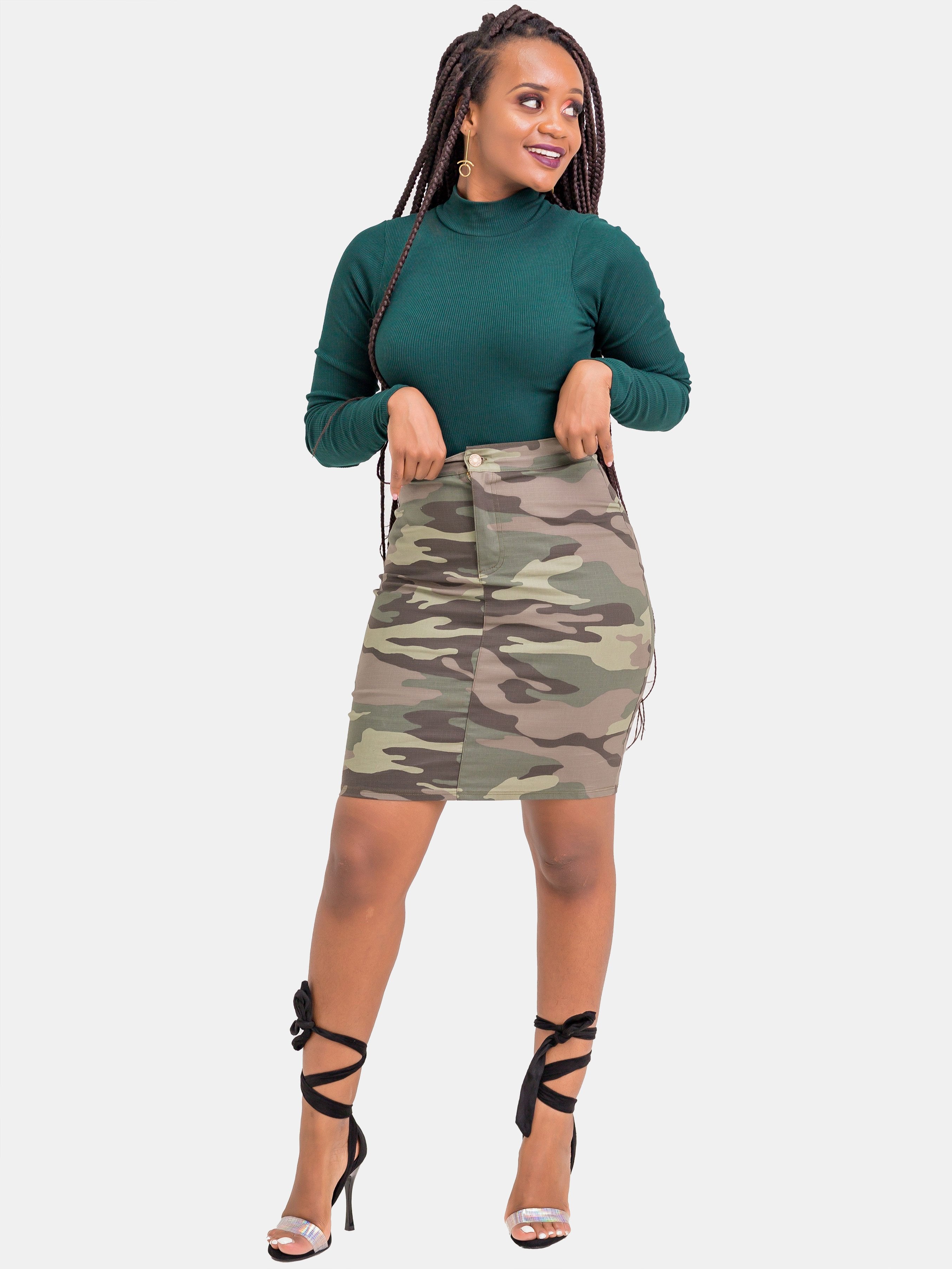 Zetu Camo Contrast Stitch Mini Skirt - Green Print - Shop Zetu