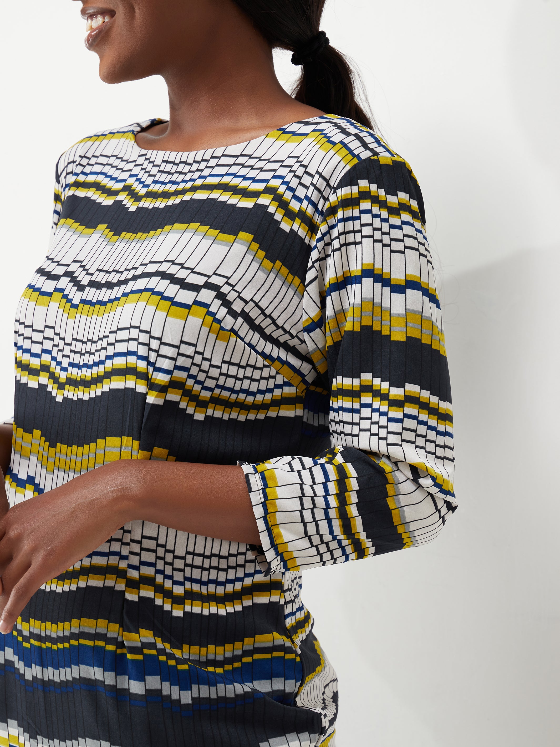 Vivo Muna Sheath Dress - Mustard / Blue Print