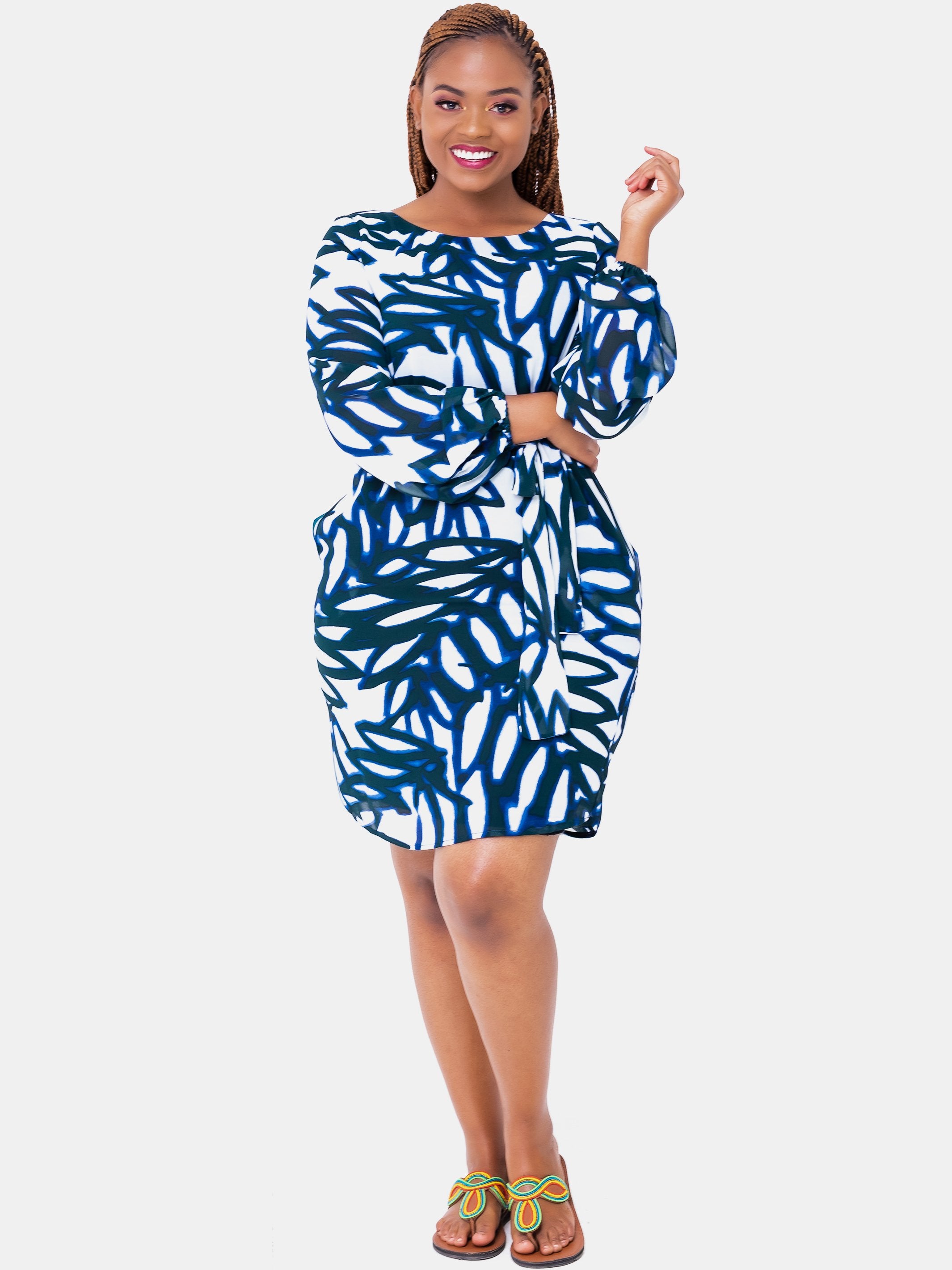 Vivo Zawadi Shift Dress - Blue Print - Shop Zetu