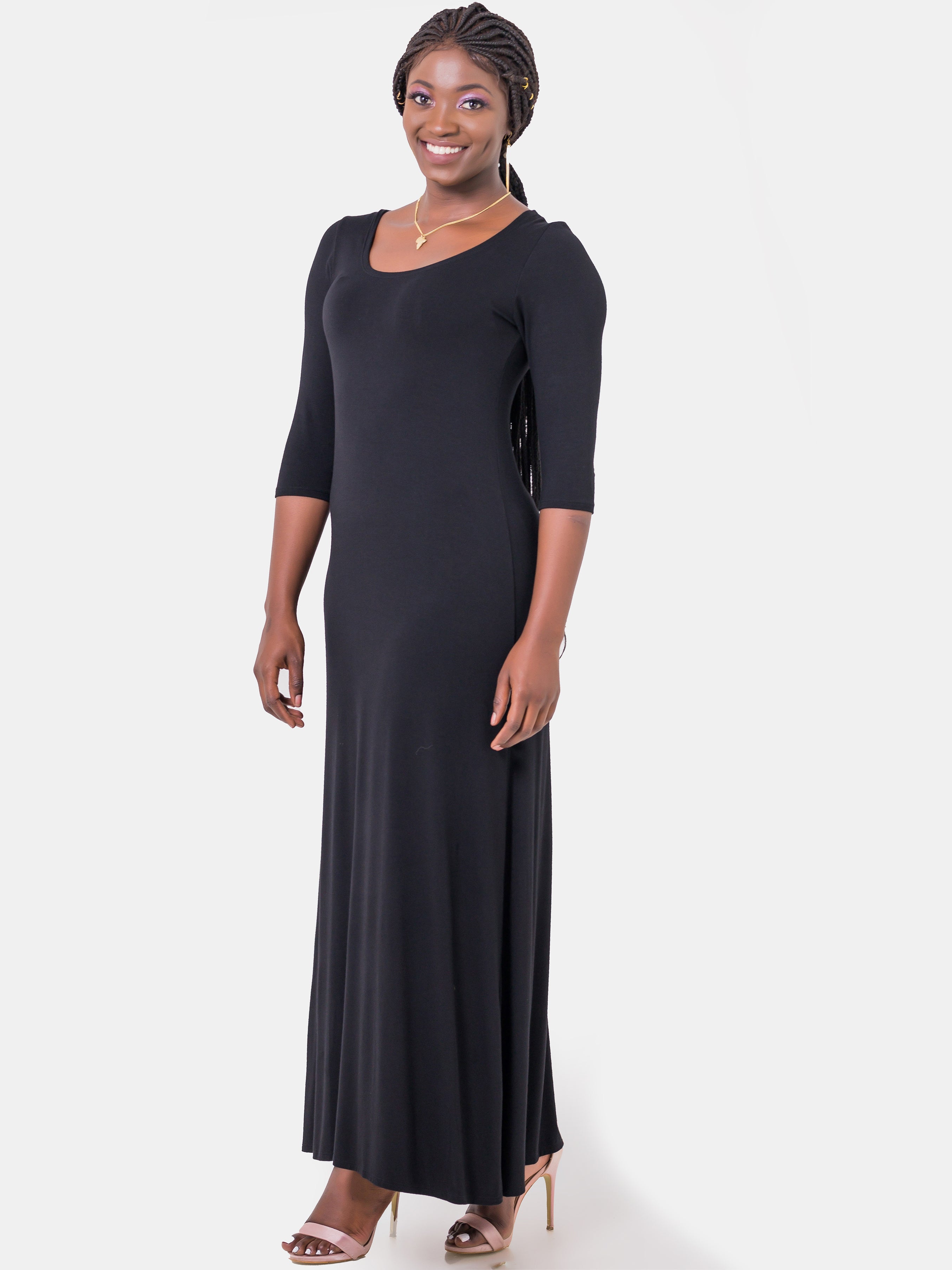 Vivo Basic 3/4 Sleeve A-Line Maxi Dress - Black