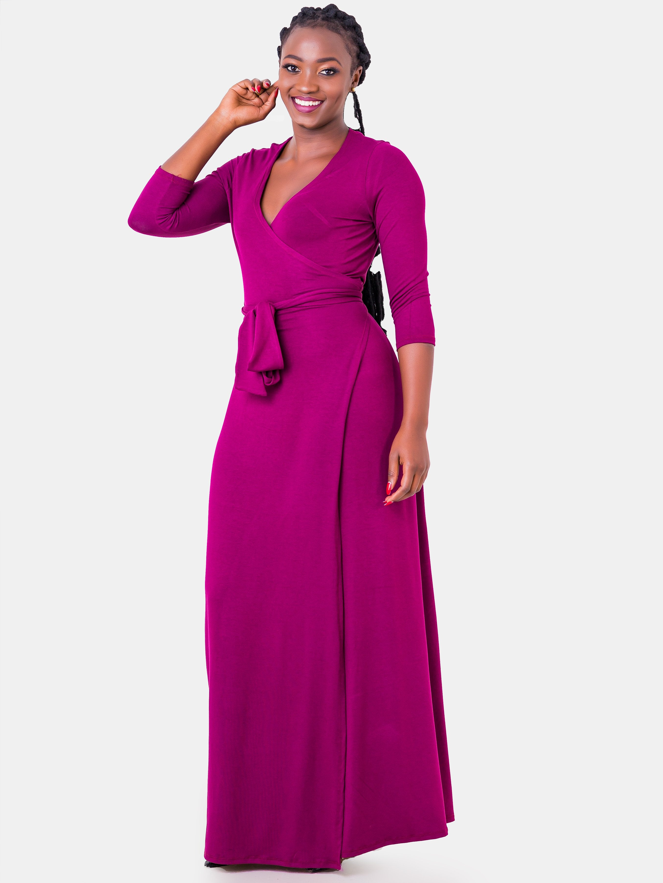 Vivo 3/4 Sleeve A-Line Wrap Maxi Dress - Burgundy - Shop Zetu