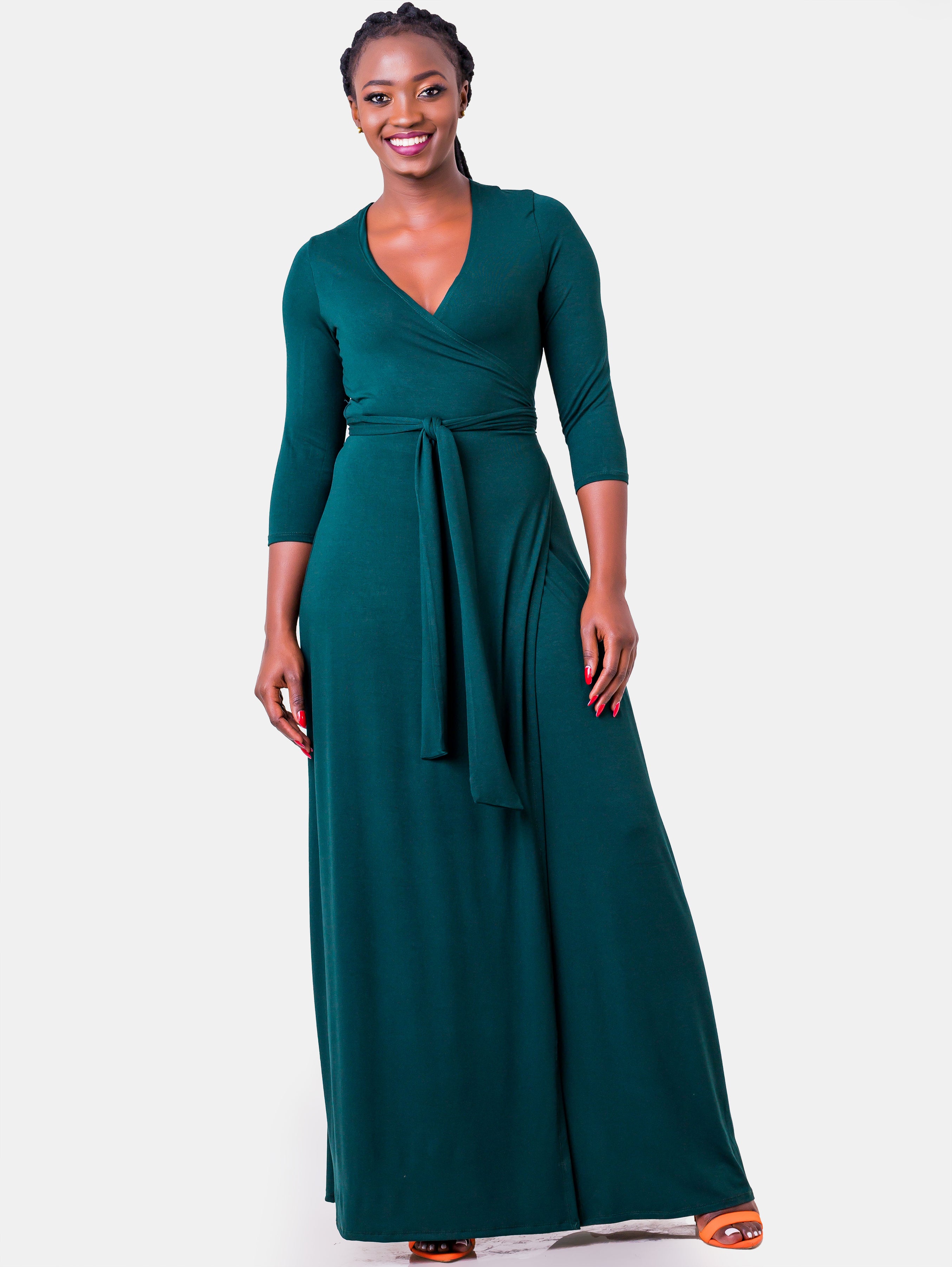 Vivo Basic 3/4 Sleeve A-Line Wrap Maxi Dress - Dark Green