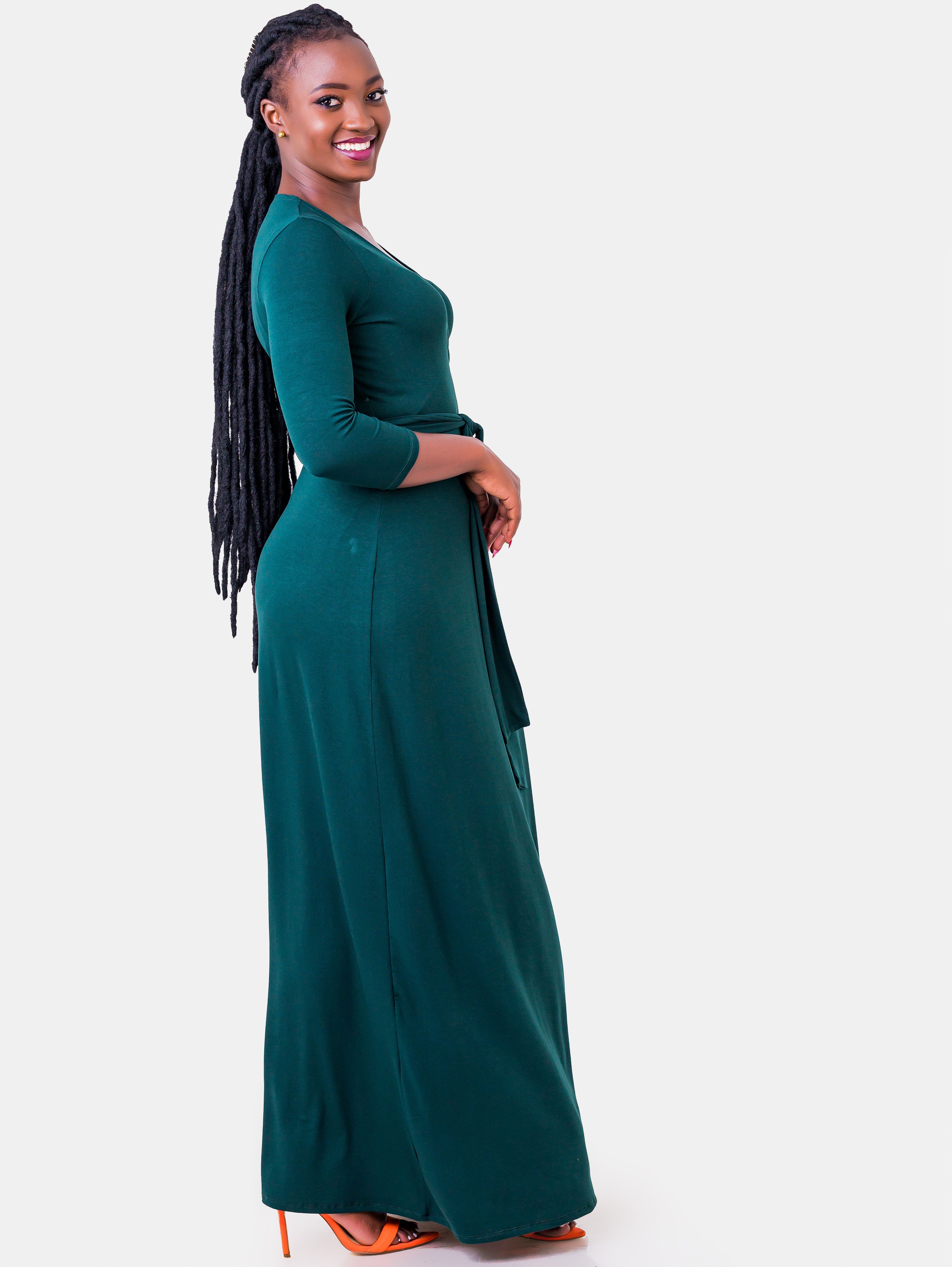 Vivo Basic 3/4 Sleeve A-Line Wrap Maxi Dress - Dark Green