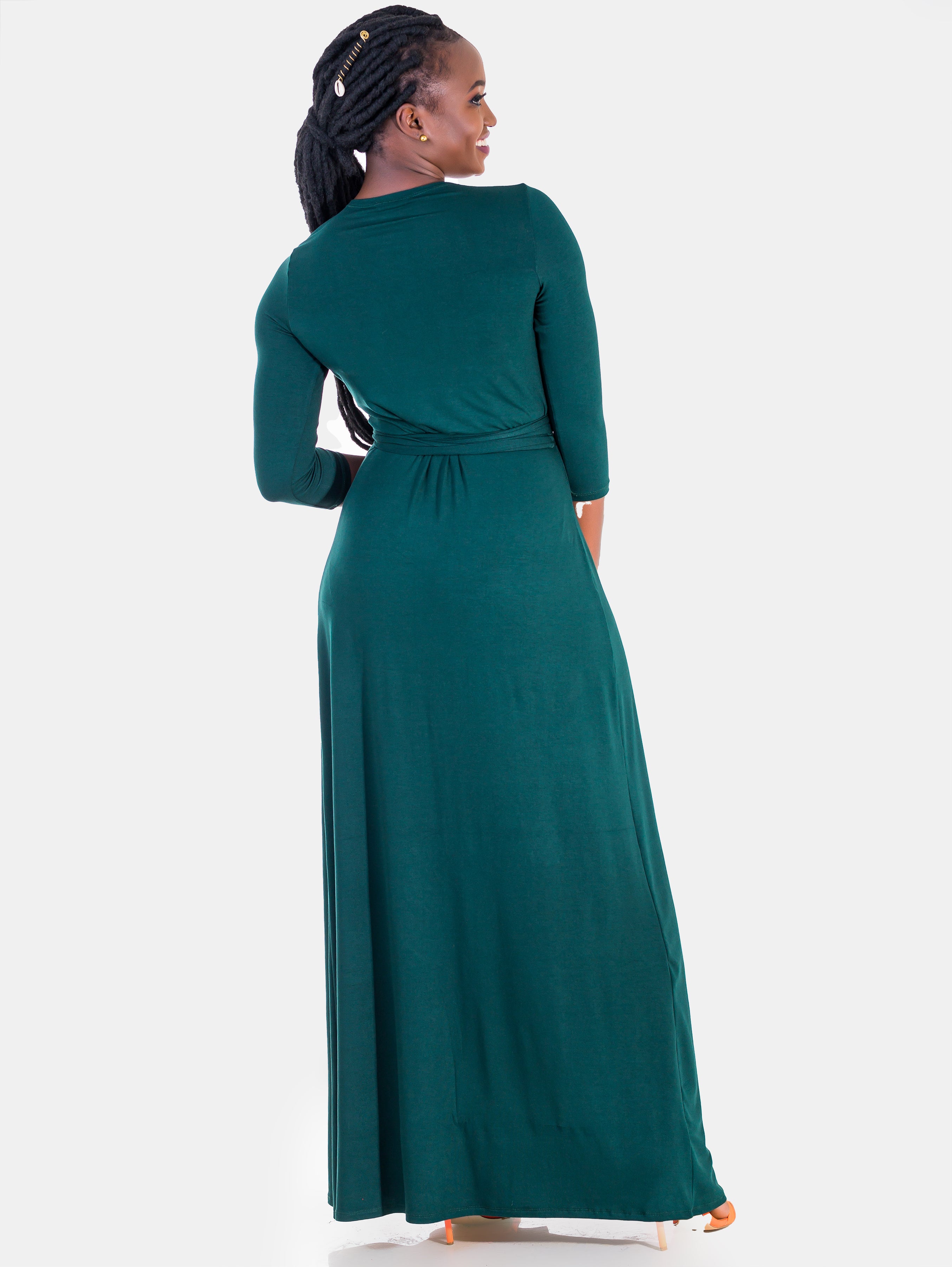 Vivo Basic 3/4 Sleeve A-Line Wrap Maxi Dress - Dark Green