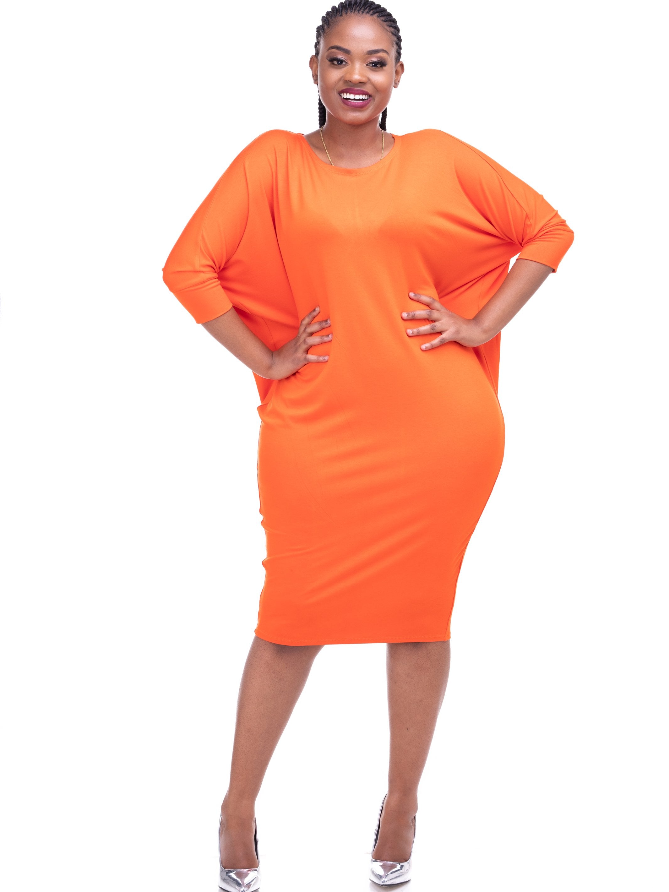 Cuffed Dolman Jersey Dress - Orange - Shop Zetu