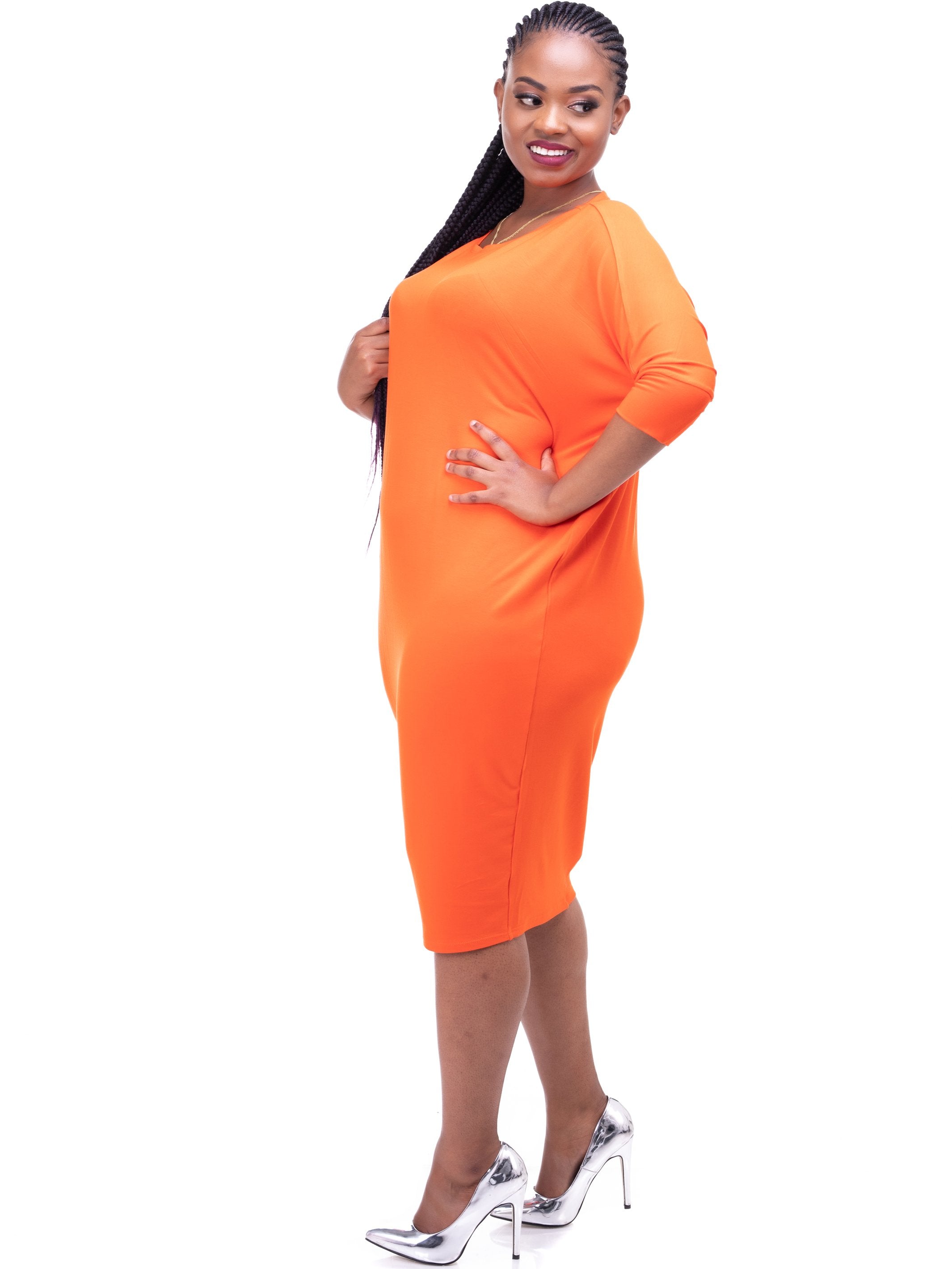 Cuffed Dolman Jersey Dress - Orange - Shop Zetu