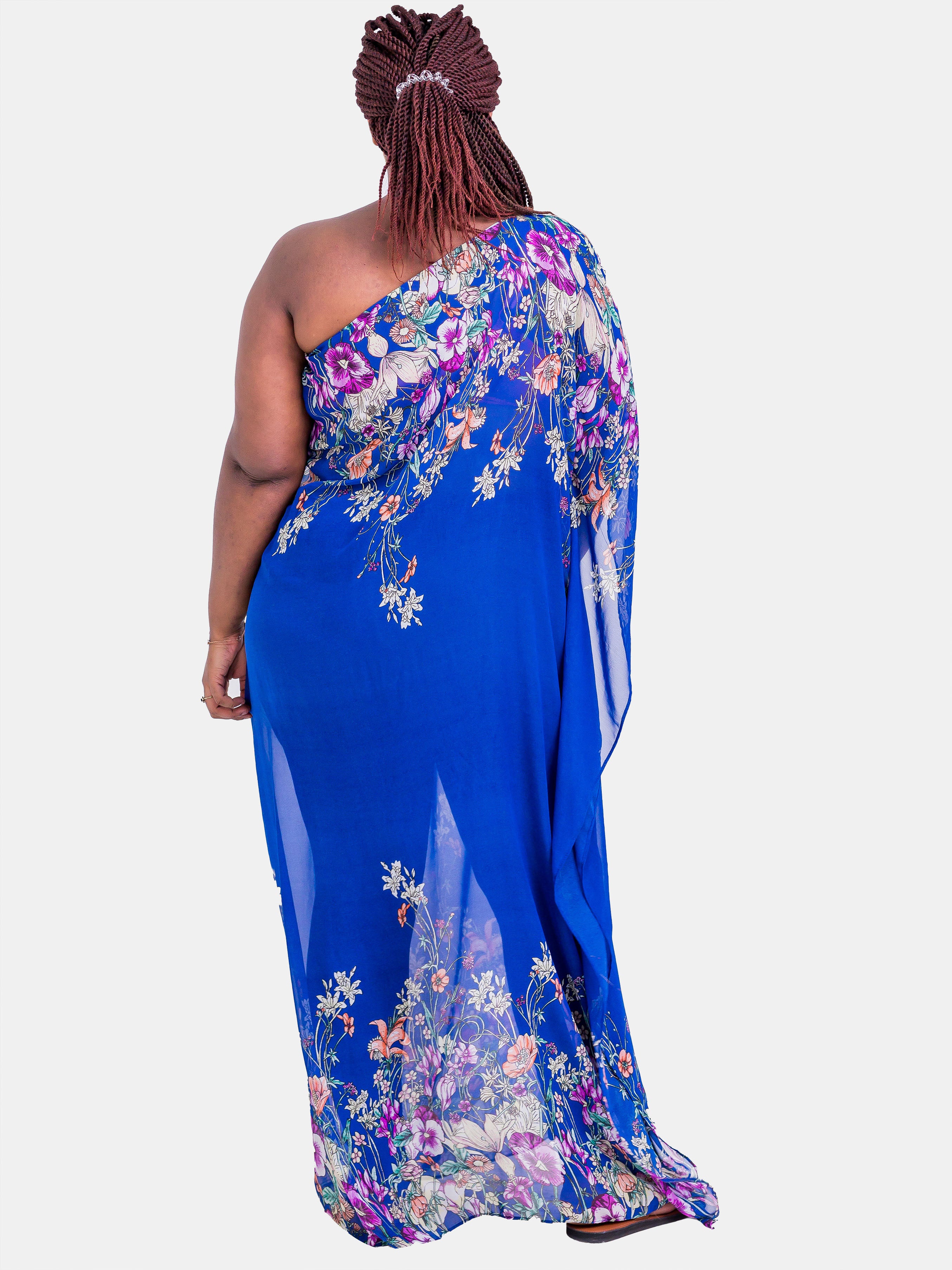 Vivo Ethel One Shoulder Kaftan (Special Offer) - Royal Blue Print