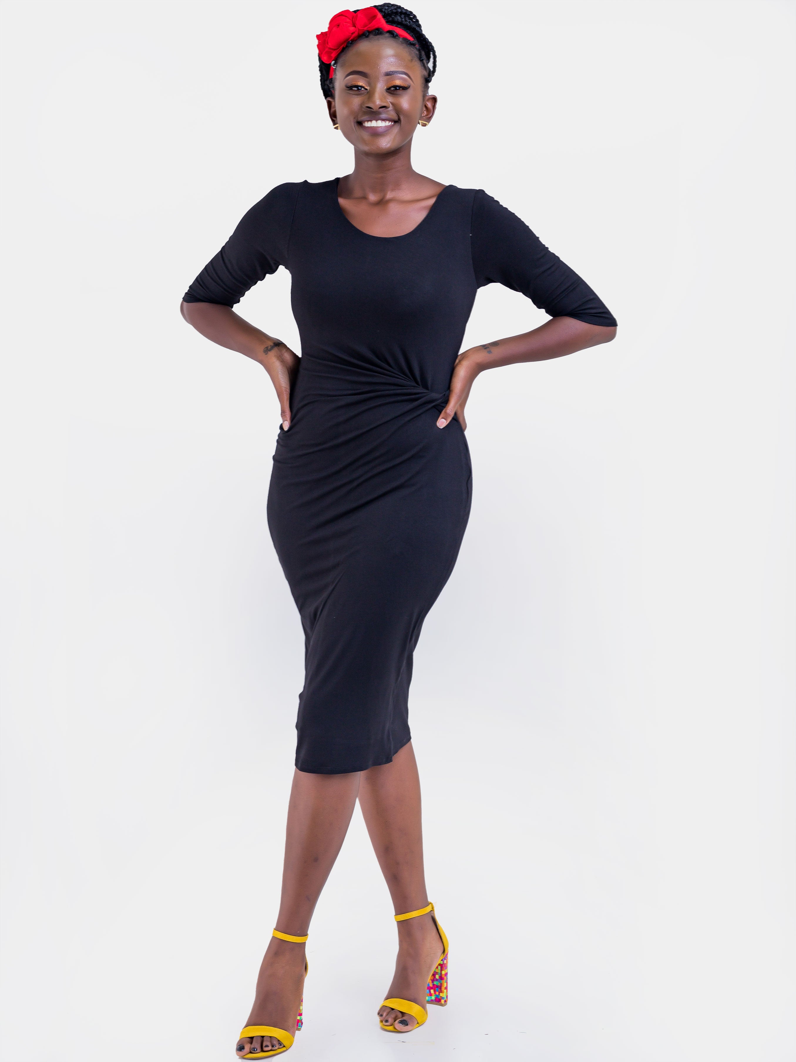 Vivo Basic Side Twist Knee Length Dress - Black