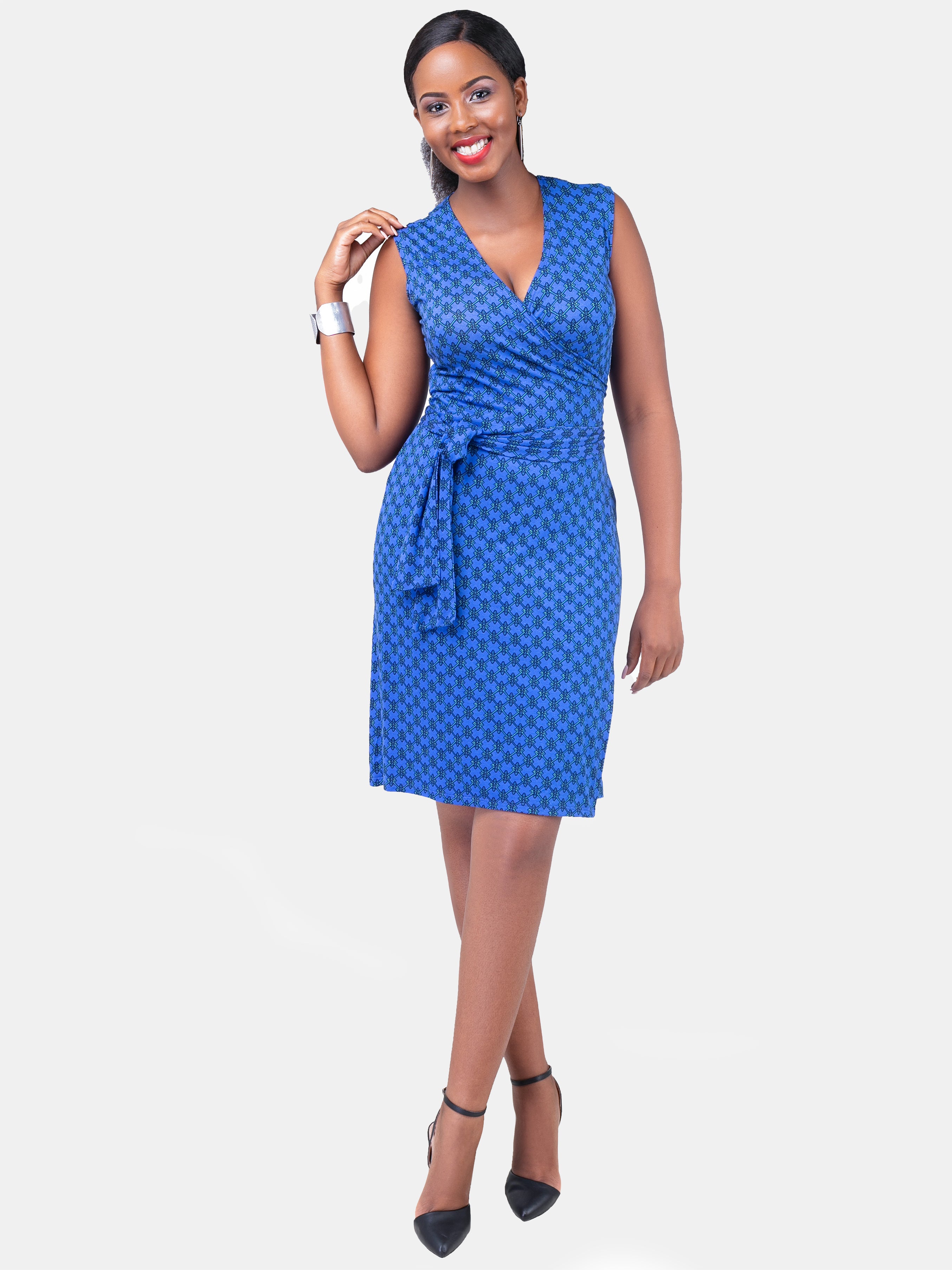 Vivo Sleeveless Wrap Knee Length Dress - Blue Print (Special Offer)