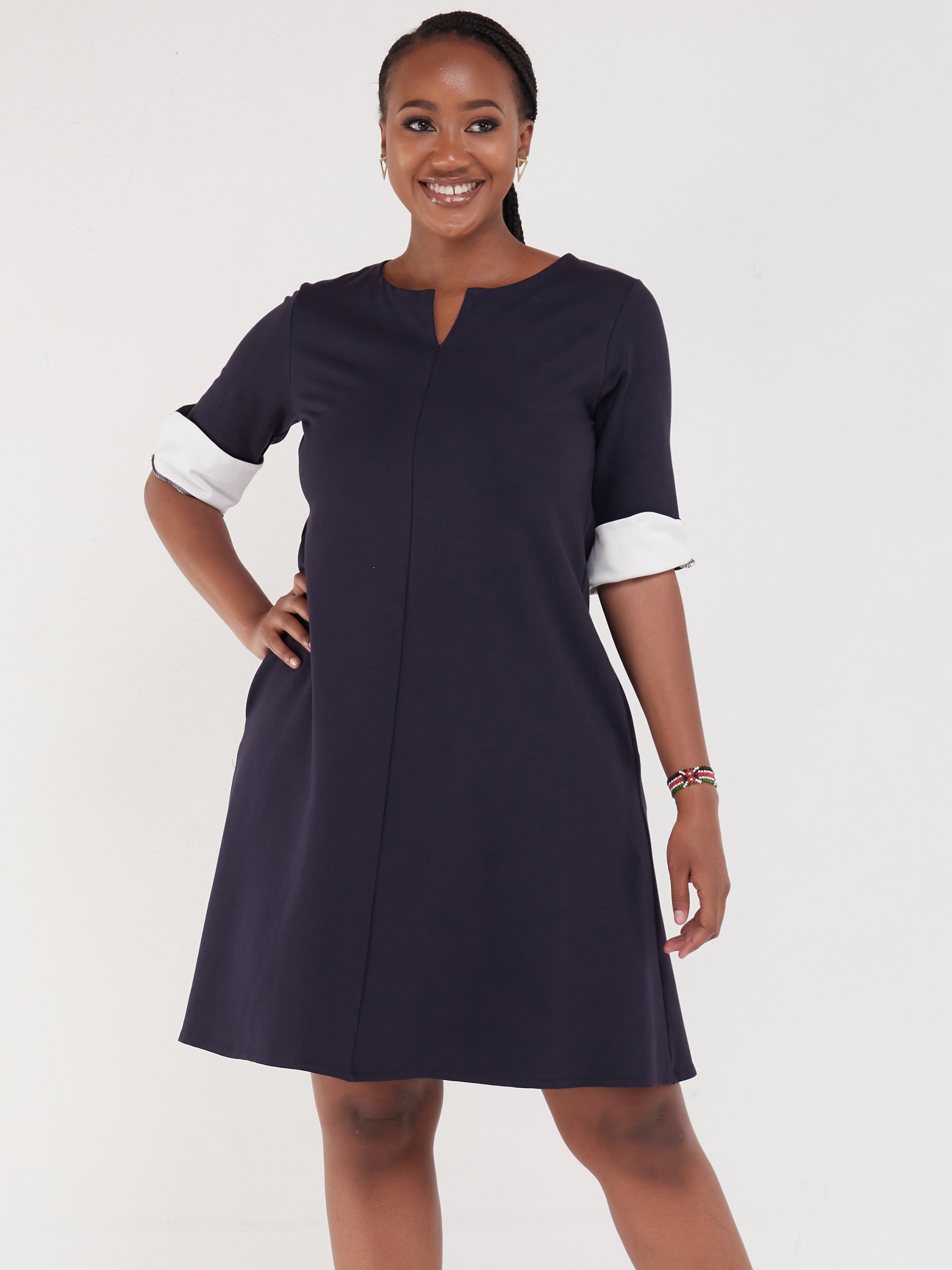 Vivo Zawadi Keyhole Dress - Navy / White