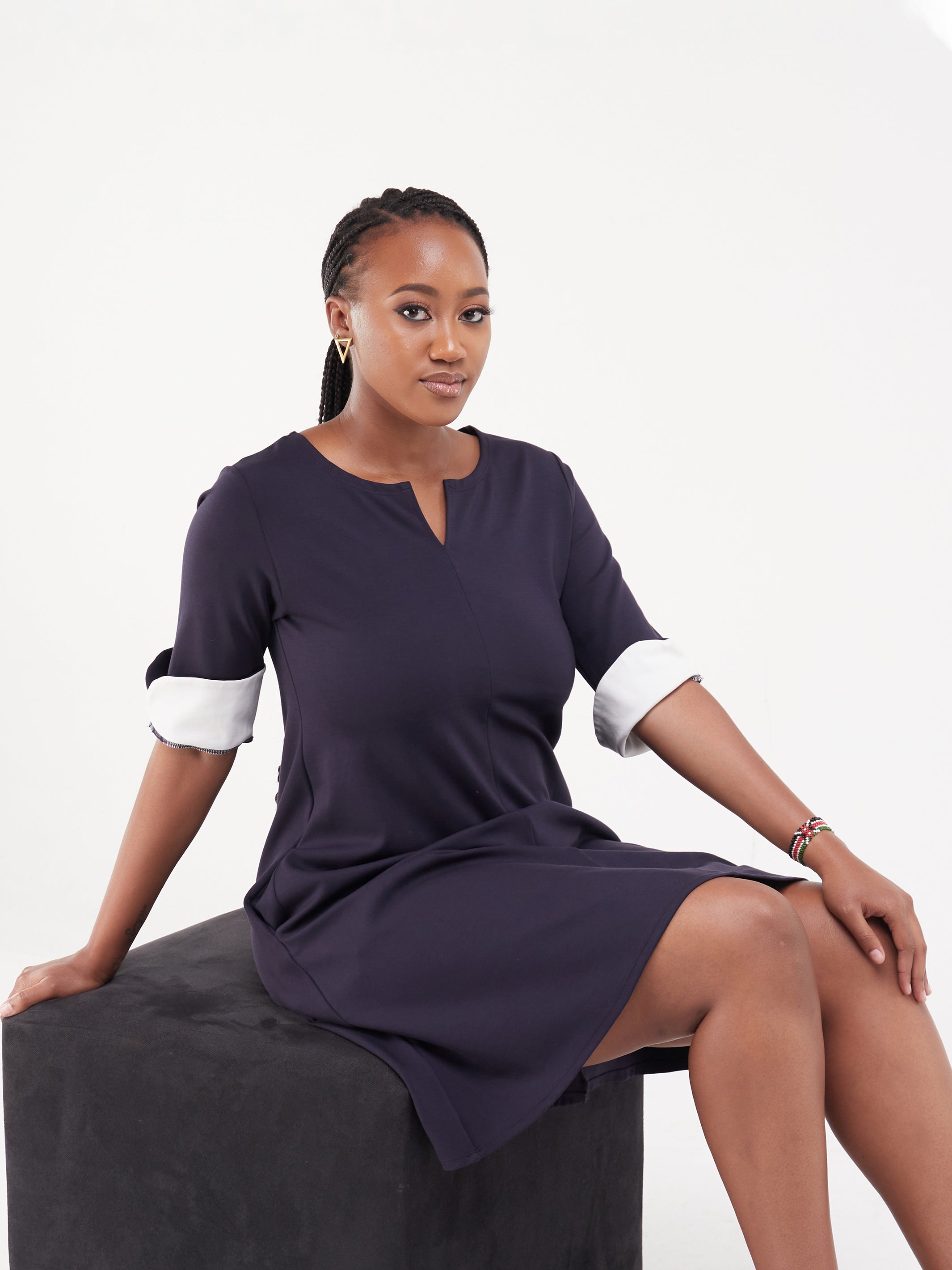 Vivo Zawadi Keyhole Dress - Navy / White