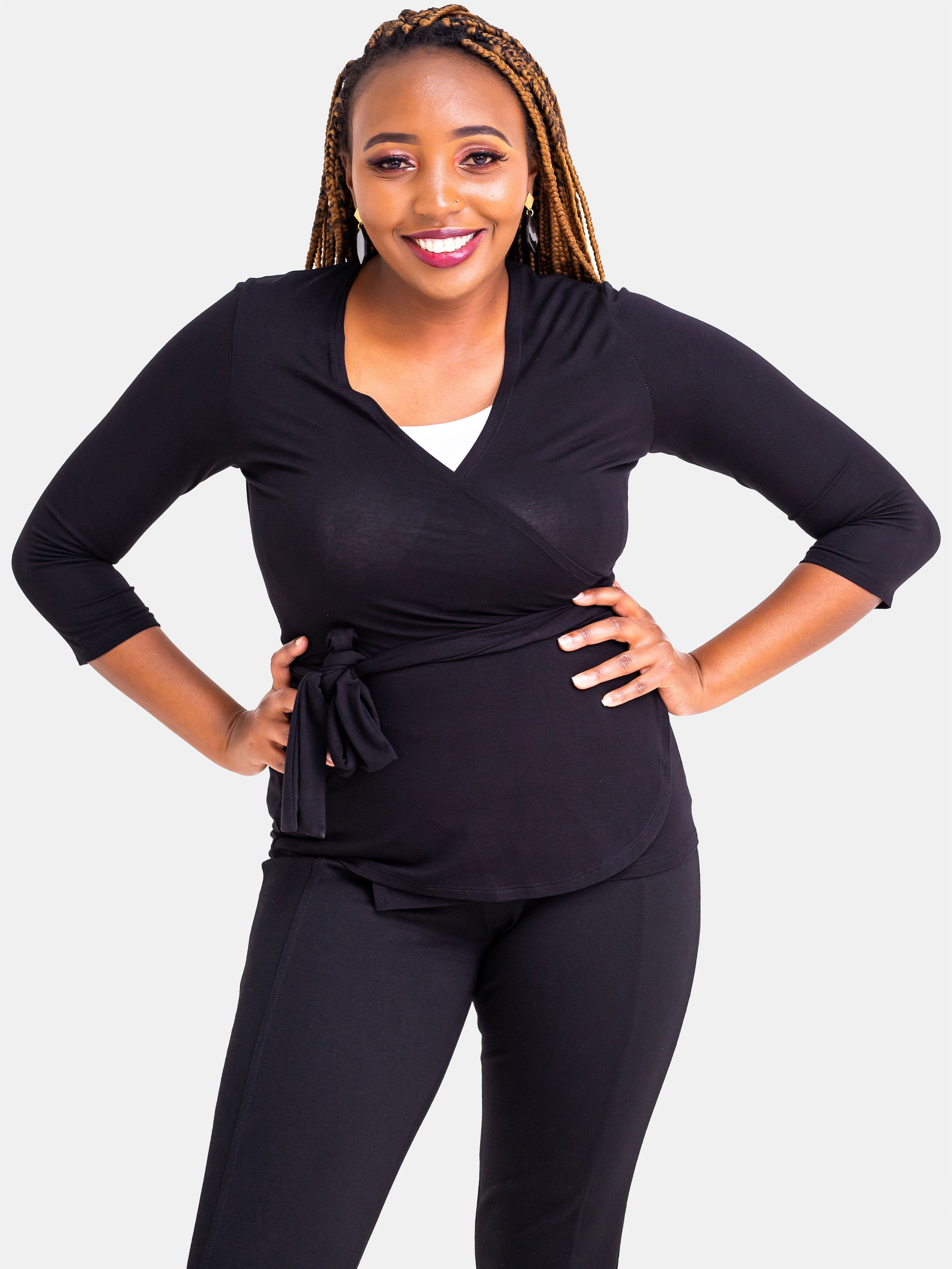 Vivo 3/4 Sleeve Wrap Top - Black - Shop Zetu